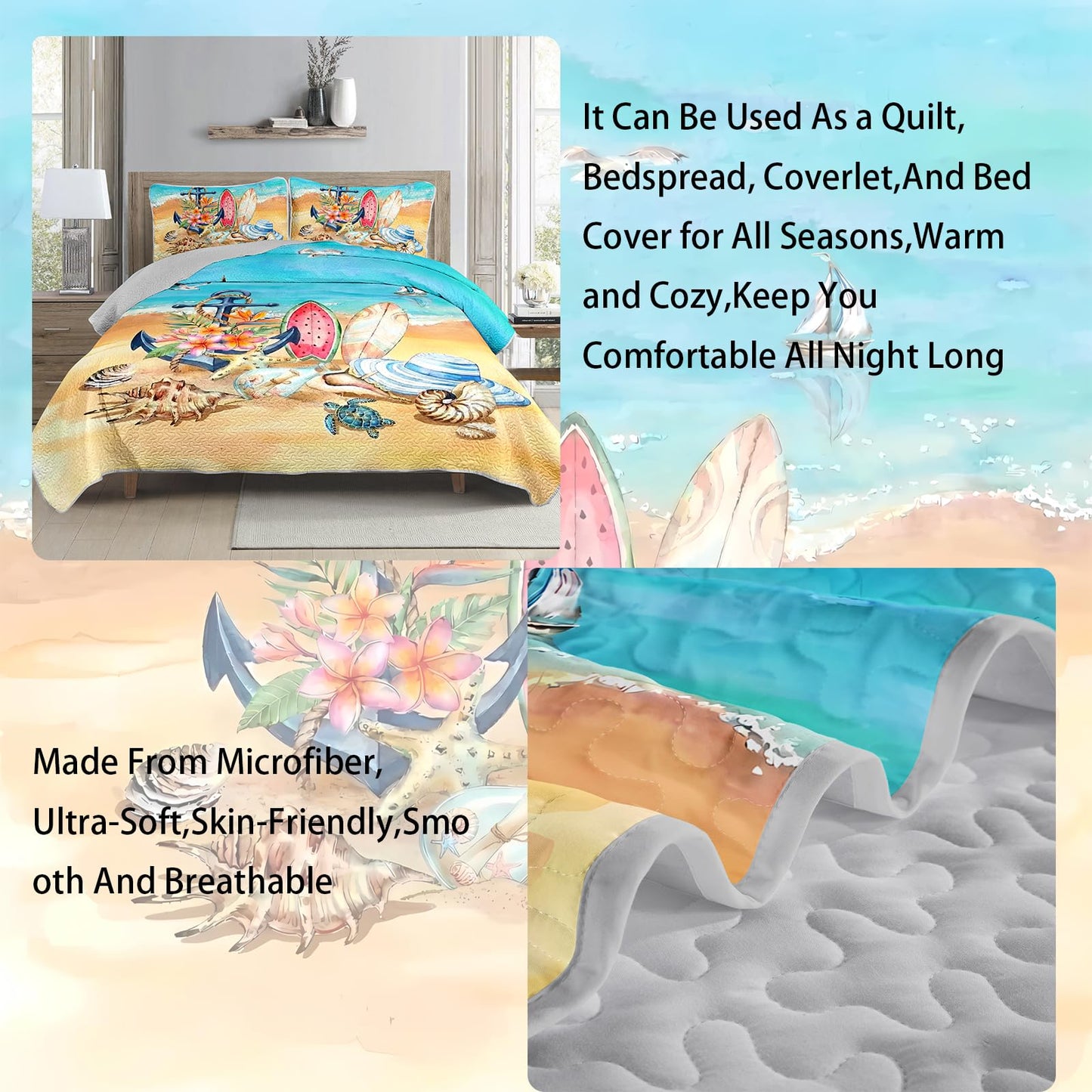 AILONEN Ocean Beach Bedding Quilt Set King Size,Tropical Boat Anchor Surfboard Theme Bedspread Coverlet,Blue Soft Lightweight (Quilt,2 Pillowcases)