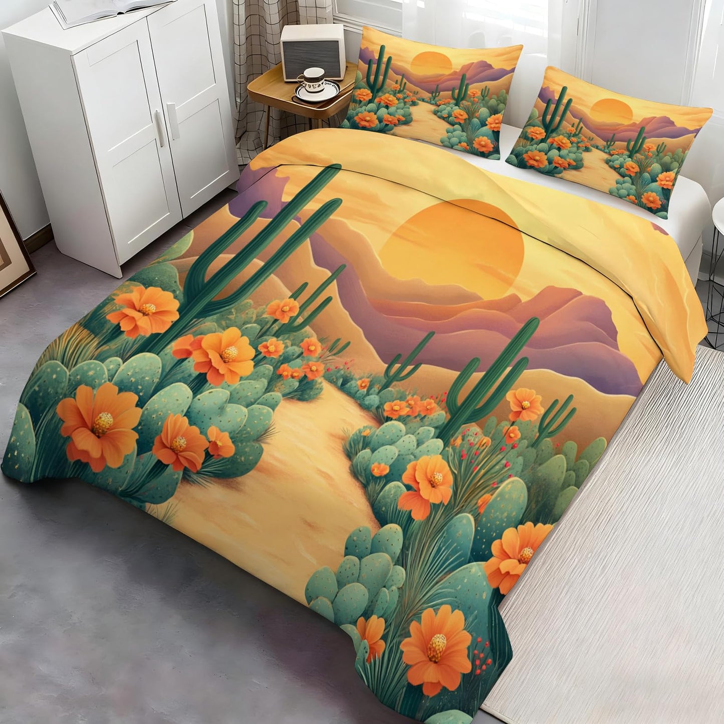 GKPLY Desert Cactus Bedding Sets Queen, Southwest Floral Duvet Cover, Boho Landscape Comforter Set, Zipper & Ties, 2 Pillowcases, Reversible Print, Western Sun Quilts & Home Decor, Easy Care