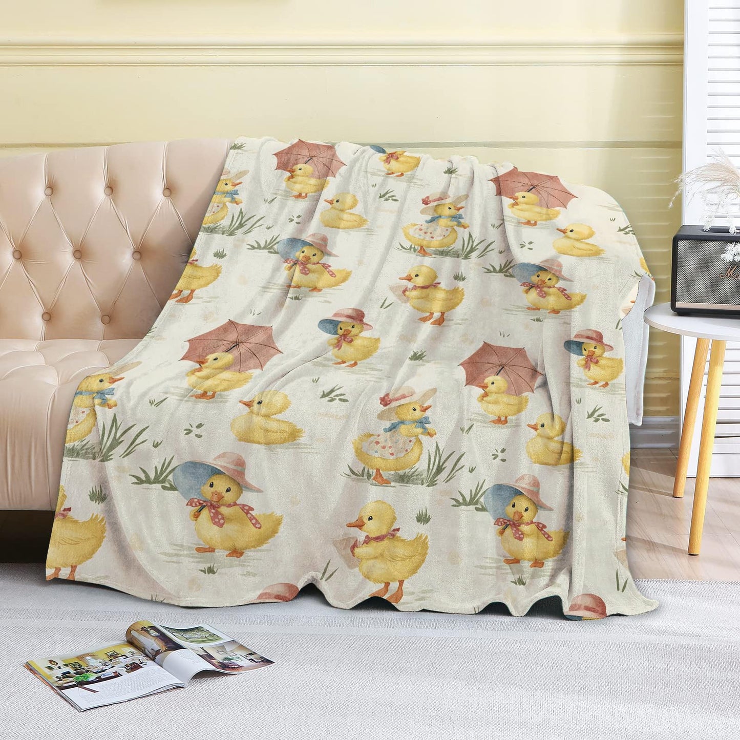 coedoaes Cute Duck Fleece Blanket - 50x60in Adorable Duckling in Hat and Parasol Throw Blankets,Soft Cozy Lightweight, Ideal for Living Room Home Farmhouse Decor and Kids Women Girls Spring Gifts