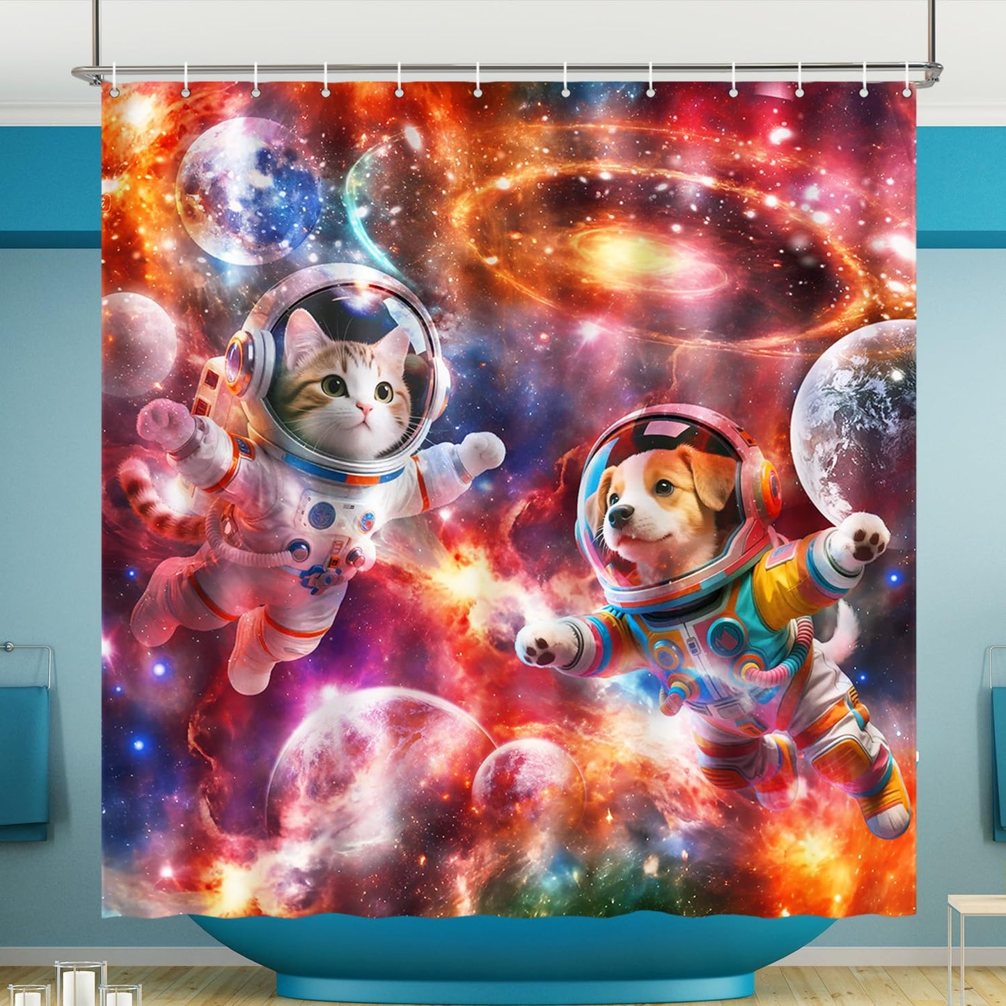 Lokigo Funny Cat Dog Shower Curtain, Cool Anime Cat and Dog Space Astronaut Universe Galaxy Shower Curtains for Bathroom Decor, Waterproof Polyester Modern ShowerCurtain with Hooks 72"x72"