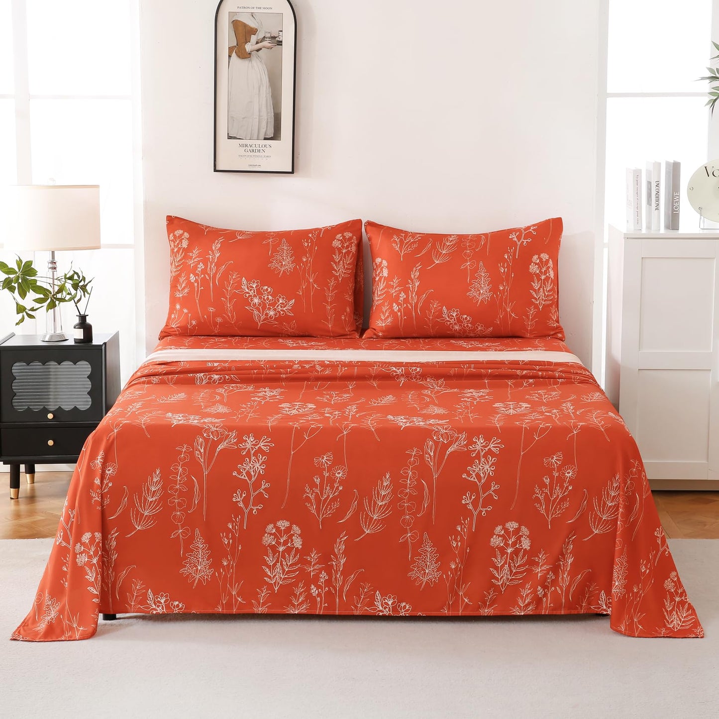 Yibeizi Queen Sheet Set Deep Pocket Queen Size Orange Floral Bed Sheets Set, Boho Printed Soft Microfiber Oeko-Tex Sheets & Pillowcases Hypoallergenic Wrinkle Free Bedsheets