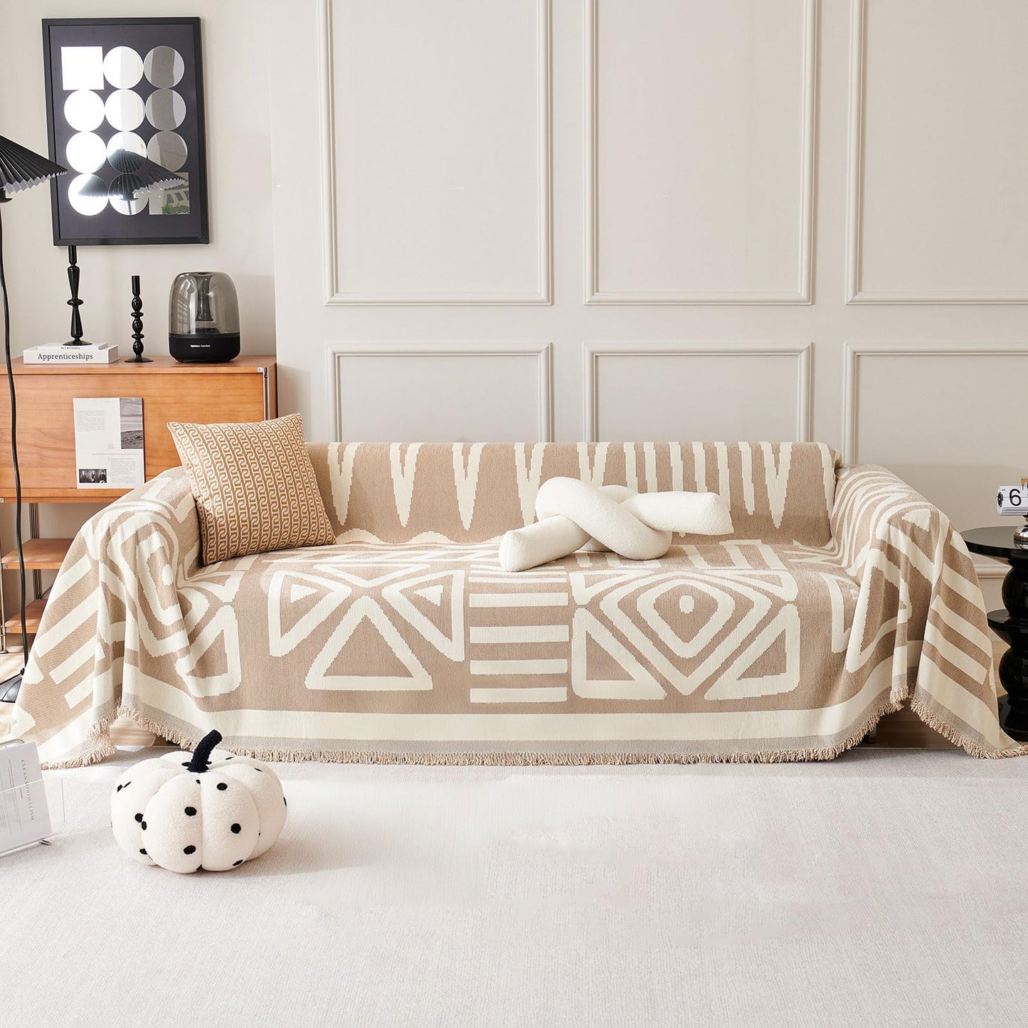 VClife Boho Couch Cover, Washable Sofa Cover for Dog, Non Slip Couch Covers for 2 Cushion Couch, Modern Khaki Creamy White Geometric Sofa Slipcovers Multi-Functional Furniture Protector 71'' x 118''