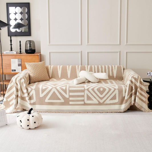 VClife Boho Couch Cover, Washable Sofa Cover for Dog, Non Slip Couch Covers for 2 Cushion Couch, Modern Khaki Creamy White Geometric Sofa Slipcovers Multi-Functional Furniture Protector 71'' x 118''