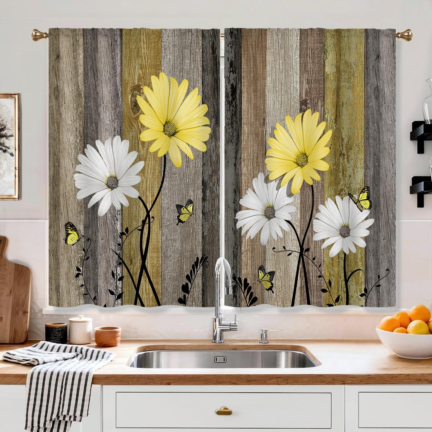 Cizuug Farmhous Yellow Daisy Kitchen Curtains Wooden Flower Small Short Cafe Window Curtains Rustic Floral Butterfly Country Barn Bathroom Drapes Treatment Tier Curtains 2 Panels
