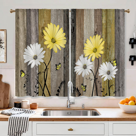 Cizuug Farmhous Yellow Daisy Kitchen Curtains Wooden Flower Small Short Cafe Window Curtains Rustic Floral Butterfly Country Barn Bathroom Drapes Treatment Tier Curtains 2 Panels