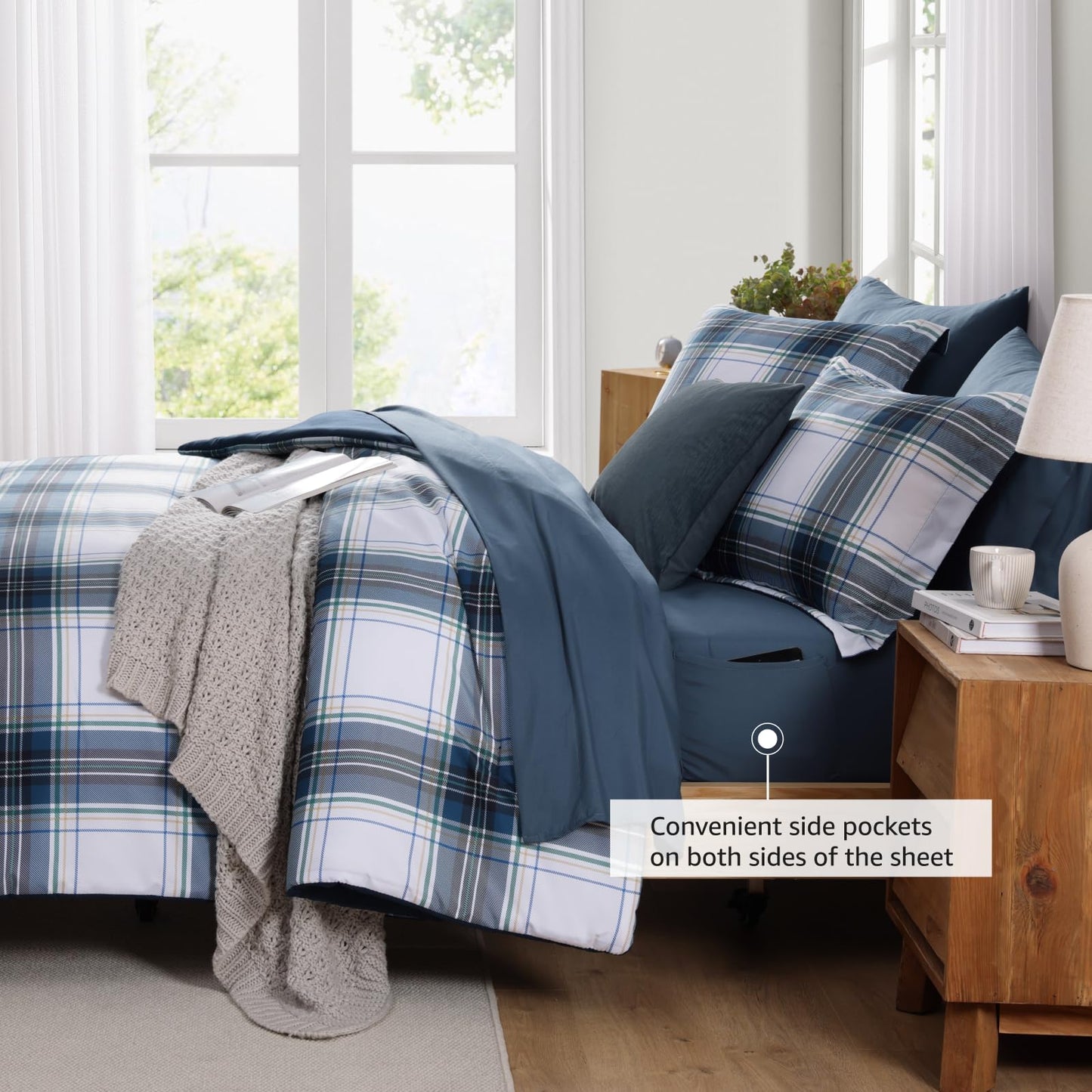 MaiRêve Queen Size Plaid Comforter Set Blue White, Classic 7 Pieces Farmhouse Bedding Set, All Season Lightweight Bed in A Bag with Sheets, Pillowcases & Shams