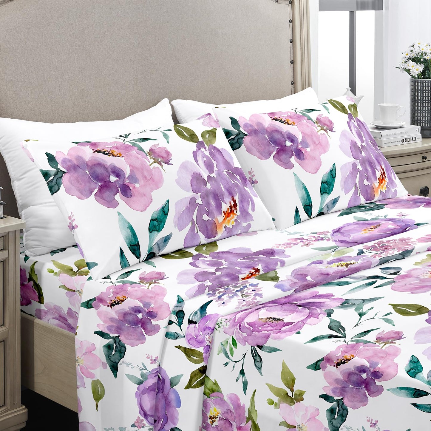 YIYEA Floral Sheets Queen Size, Premium Double Brushed Microfiber Bed Sheet Set for All Season, Soft Breathable, 16" Deep Pocket, Shrinkage and Fade Resistant, 4PC, Queen