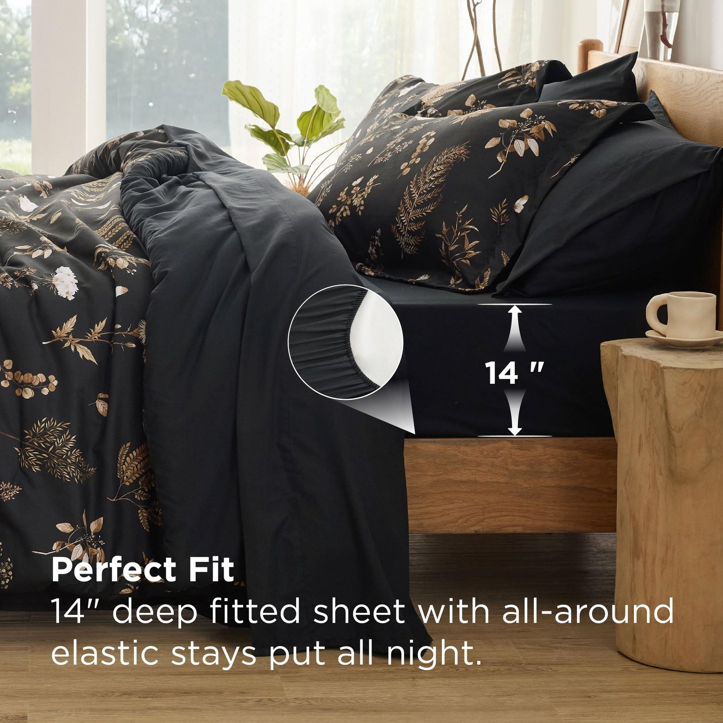 Bedsure Black Queen Comforter Set - 7 Pieces Floral Bedding Sets Queen Bed in a Bag with Reversible Botanical Flowers Comforter, Sheets, Pillowcases & Shams