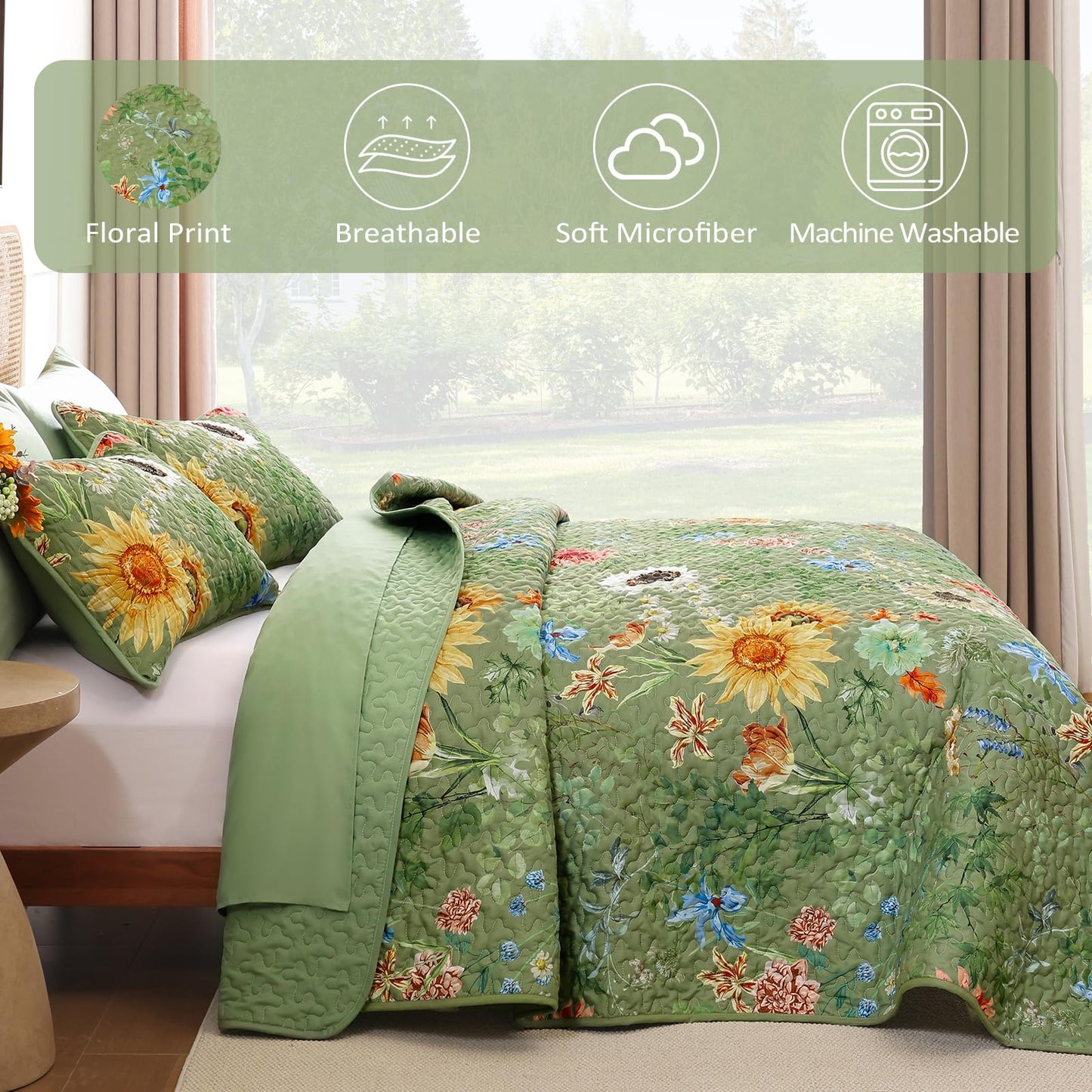 Yiran Floral King Size Quilt, Green Floral Bedspreads Bedding Set, 3 Pieces Botanical Spring Summer Soft Lightweight Coverlet with 2 Pillow Shams for All Season 106x90 Inch