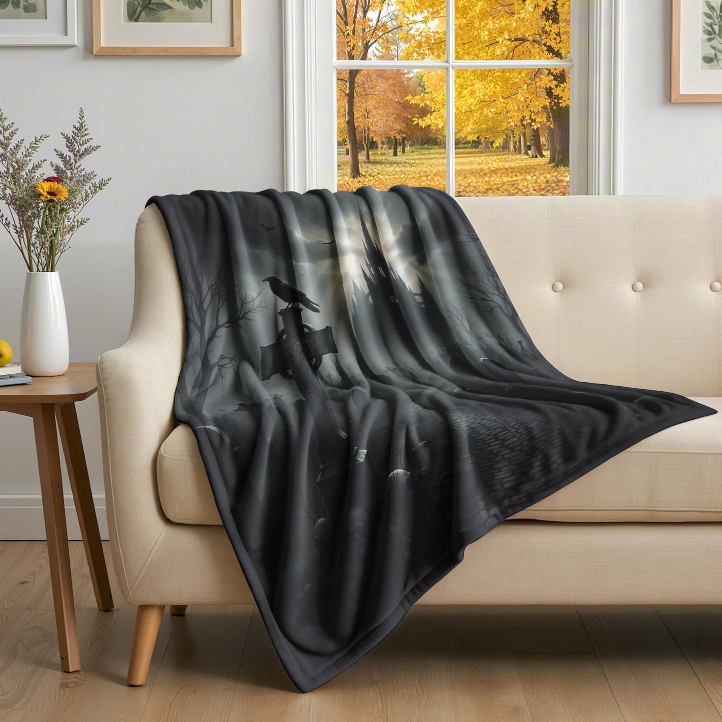 GEDAEUBA Halloween Blanket Soft - Gothic Crow Bat Castle Grave Fleece Blanket Full Size, Soft Cozy Blankets & Throws for Couch, Bed, and Sofa, 84x90 inches