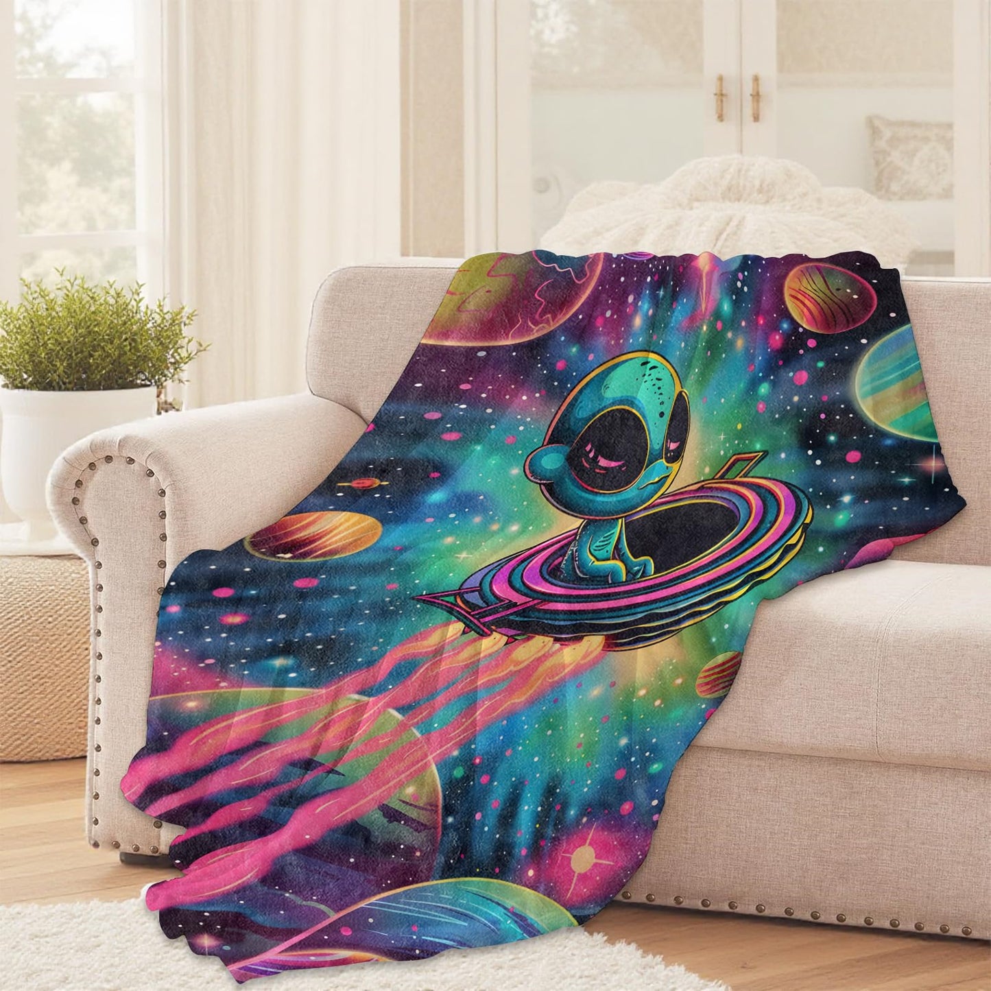Cute Alien in Space Throw Blanket for Girls Boys Kids Adults, 50x60 in, Cozy Flannel Blanket for Bedroom, Camping, Couch, Room Decor, Fuzzy Warm Soft Gifts