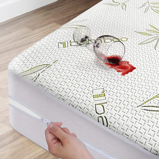 Bamboo Mattress Protector with Zipper - 100% Waterproof Full Size Cooling Mattress Cover - Ultra Soft Jacquard Fabric Breathable Noiseless Mattress Pad Cover - Zippered Mattress Encasement