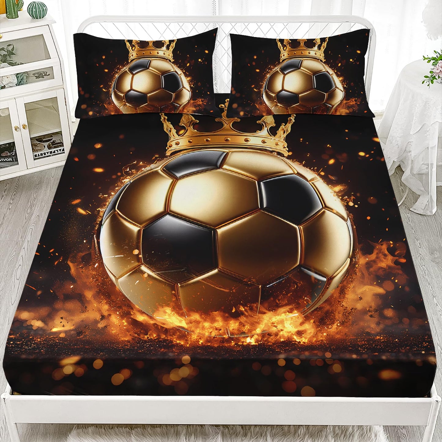 AILONEN Black Gold Soccer Bedding Set for Kids Boys Girls,3D Football Crown Printed Twin Bed Sheet Set,Sports Ball Themed Fitted Sheet with 2 Pillowcases,3Pcs