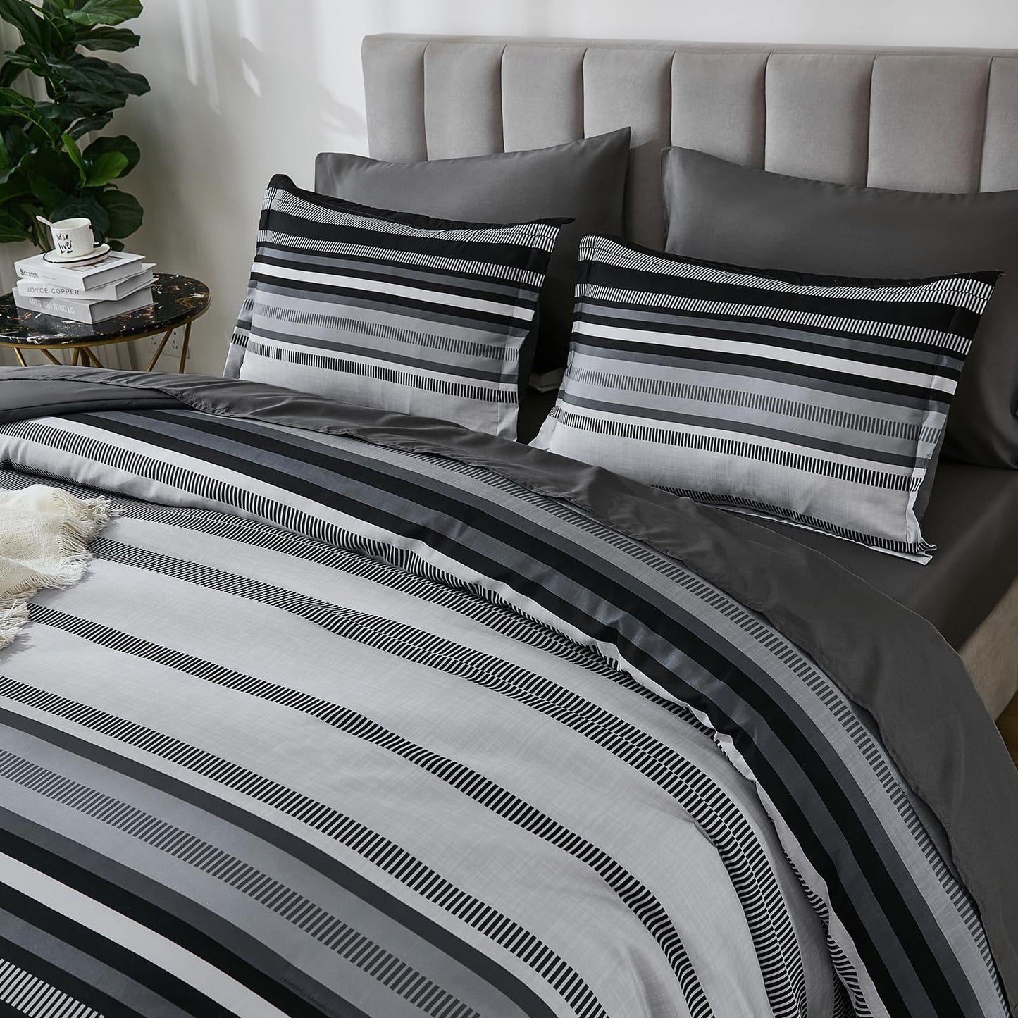 Dobuyly Black Comforters Queen Size Set 7 Pieces, Boho Striped Grey Bed in a Bag Queen Soft Microfiber Bedding Set with Comforter, Sheets, Pillowcases & Shams All Season