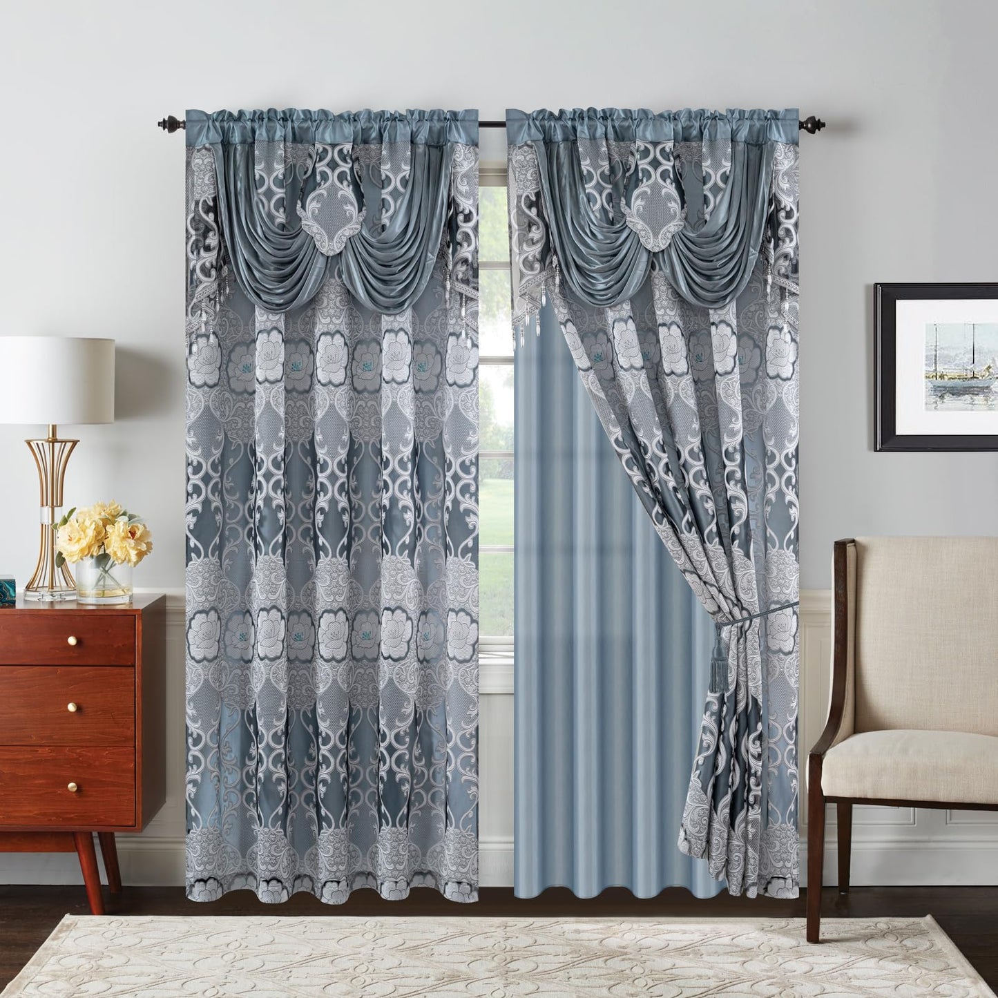 Petrichor Gray Sheer Jacquard Voile Curtains （54" W x 84" L）, 2 Panels with Attached Valance, Double Layer Floral Cutwork Design with Luxurious Texture, Rod Pocket, for Bedroom & Living Room