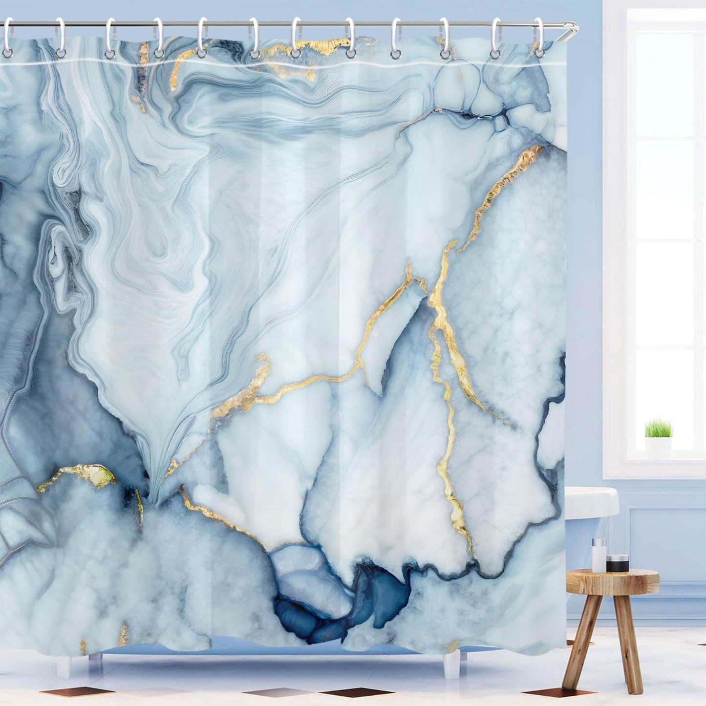 Mayormyth Blue Marble Shower Curtain Modern Abstract Shower Curtains for Bathroom Decor Luxury Ink Texture Shower Curtain Set with Hooks Polyester Waterproof Cloth Fabric with Hooks