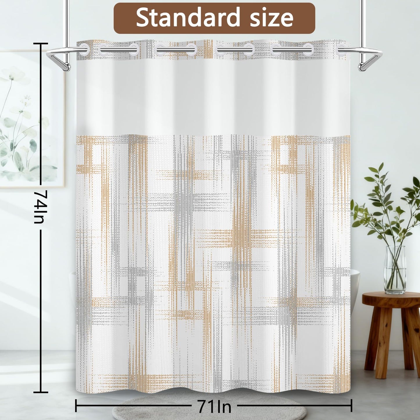 NAEMBCU No Hook Waffle Shower Curtain with Snap in Liner 71x74 Inch