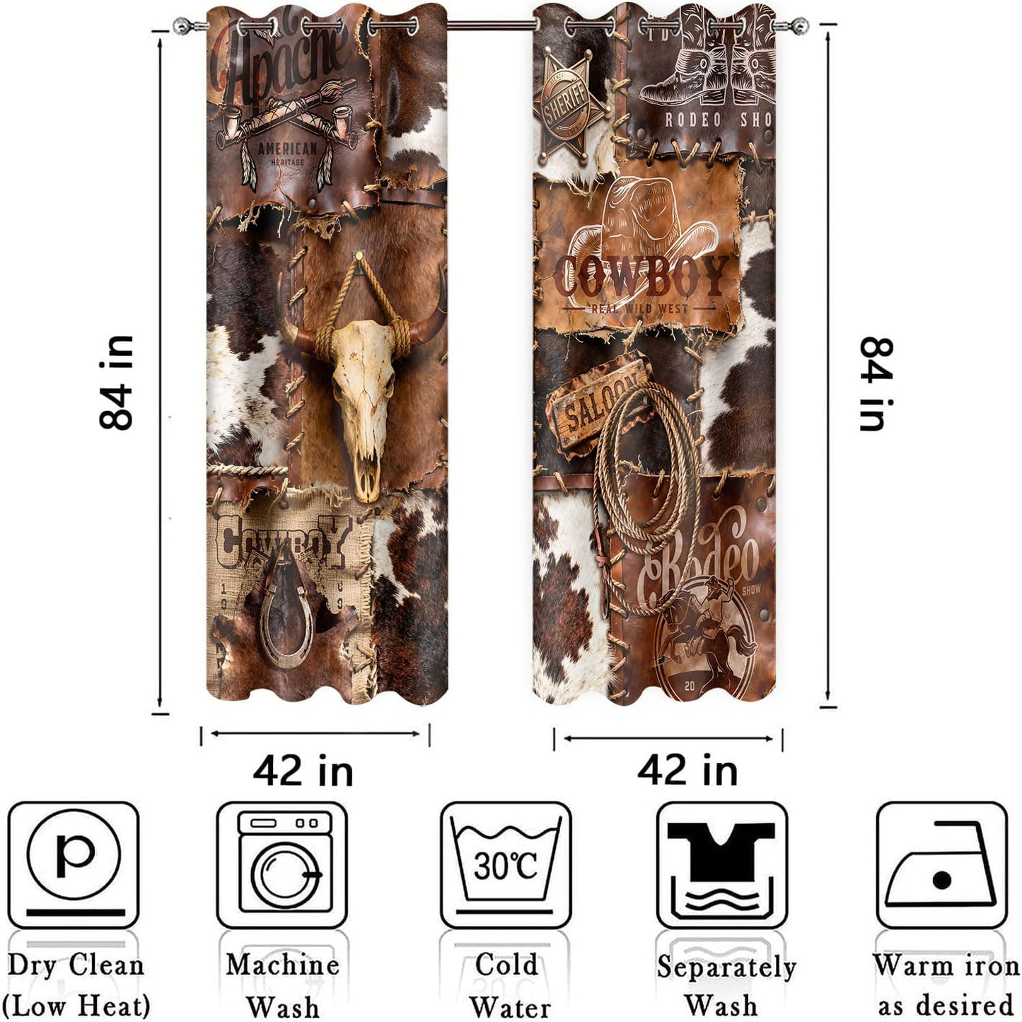 HIYSMT Western Cowhide Blackout Curtains,Cowboy Hat Boots Horseshoe Rope Cow Skull Drapes,4284inch Rustic Farm Animal Skin Window Treatments for Bedrooms Living Room Kitchen,2Panel HI0102YL