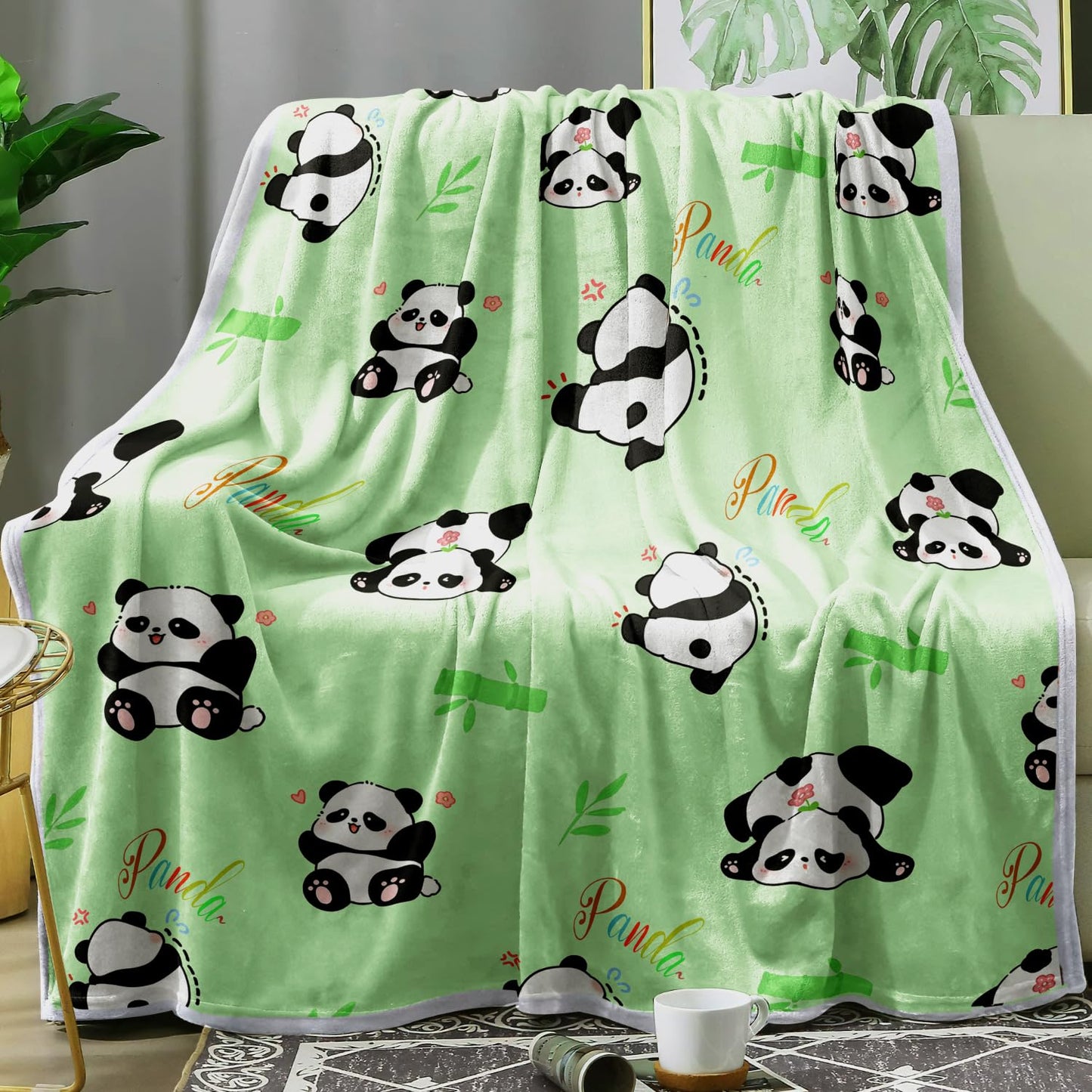 Panda Blanket Super Soft Cozy Blankets Pandas Stuff Pandabear Gifts for Girls Toddler Adults Flannel Fleece Blanket Lightweight Cute Panda Accessories (Green Panda, 50"x60")