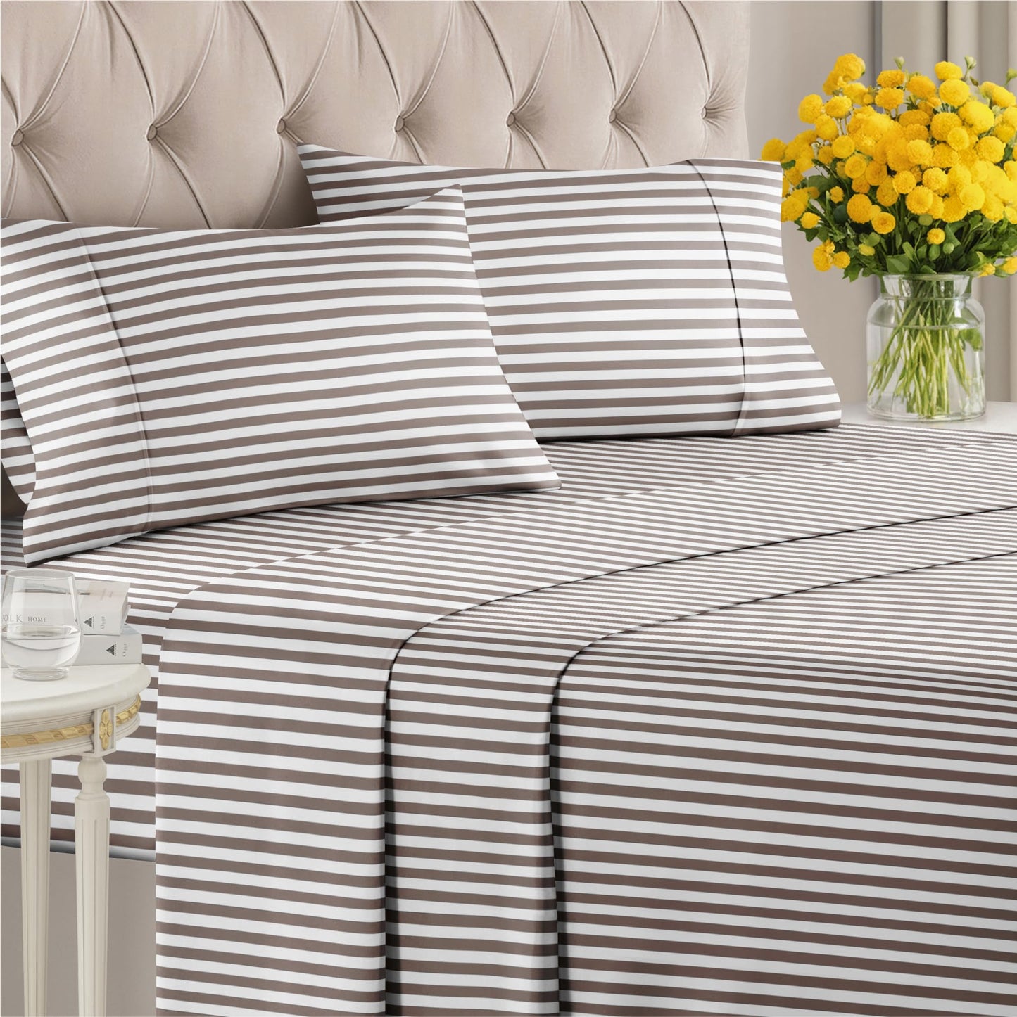 Striped Sheets - Brown Striped Sheets - 1 Flat & 1 Fitted & 2 Pillowcases w/ Deep Pockets – Comfy, Wrinkle & Fade Free - Soft, Breathable and Cooling – Luxury Pinstripe Bedding - Queen Size Bed Set
