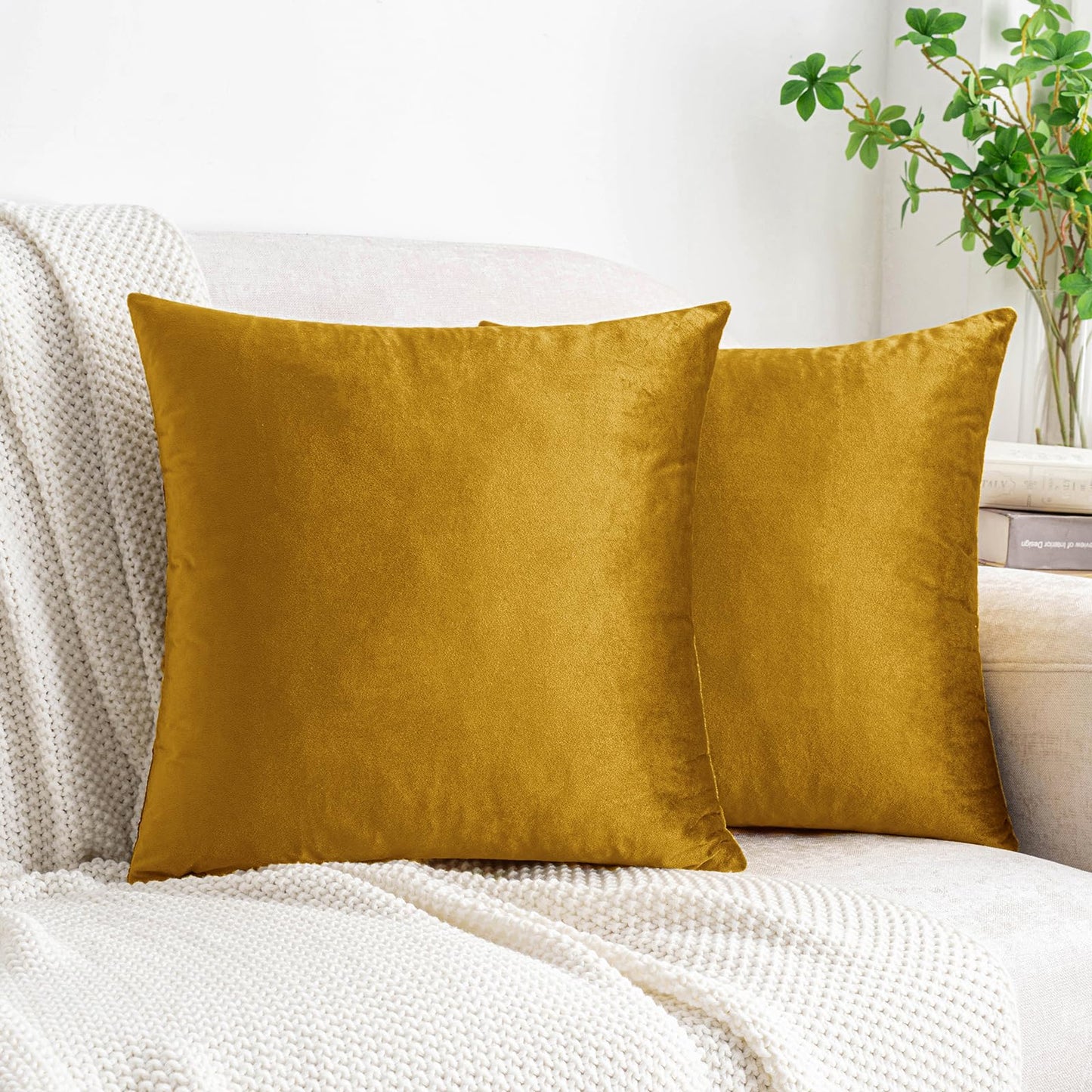 HWY 50 Dark Gold Velvet Throw Pillow Covers 16x16 Inch, Pack of 2 Soft Cozy Solid Decorative Luxury Cushion Cases for Couch Sofa Bed Living Room Bedroom