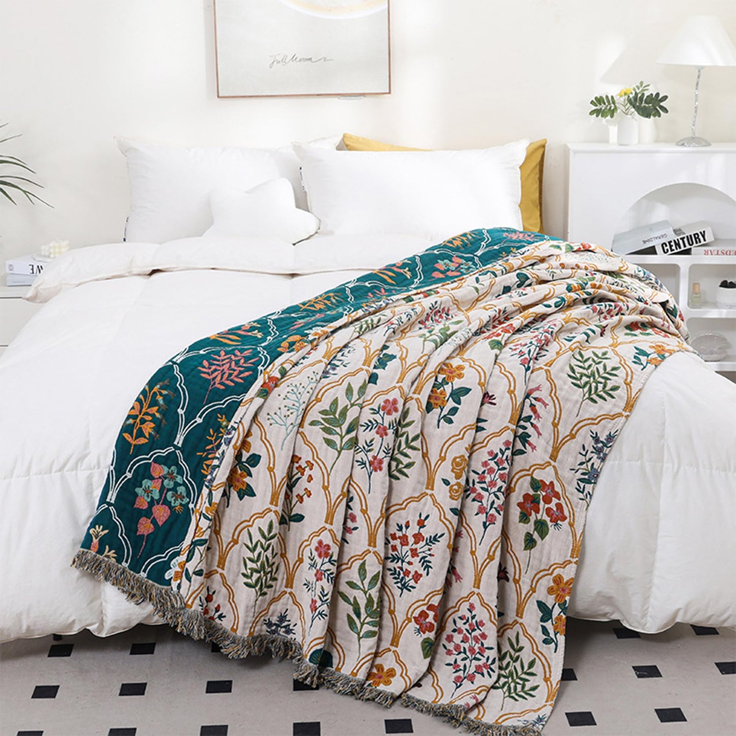 BRYALIX 100% Cotton Muslin Boho Floral and Plants Blanket, Super Soft Decorative Throw for Couch, Bed Chair Quilt Travel Blankets, Reversible Jacquard Coverlet, Lightweight Farmhouse Picnic, 60"x80"