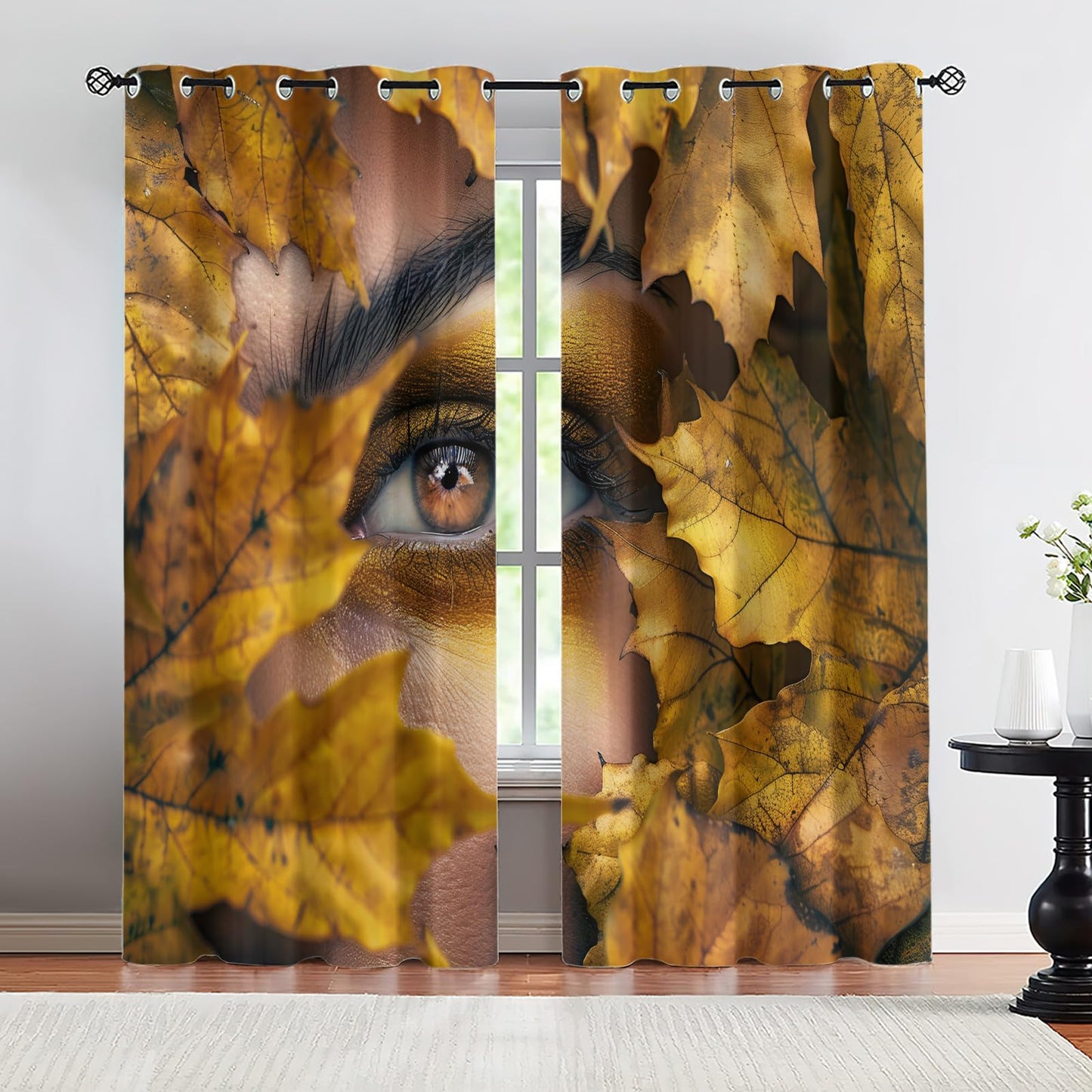 XAFIAUR Leaves Blackout Curtains, Fashion Eyes Printed Drapes, Autumn Landscape Thermal Insulated Drapes 2 Panels Darkening Window Curtain for Bedroom Living Room 31.5" W x 63" L x2