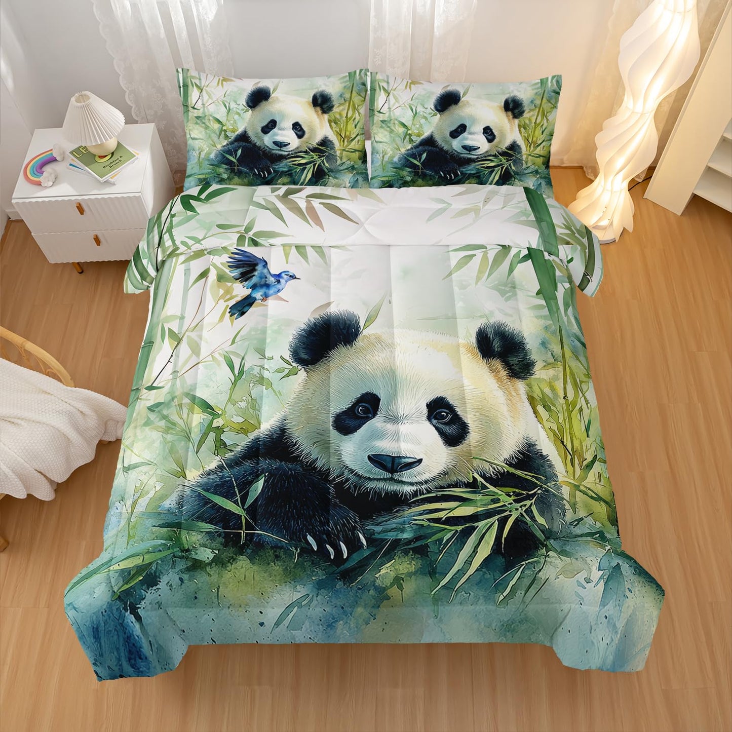 Nttopship Cute Panda Bedding Set 3 PCS Kids Panda Comforter Set Twin Size for Kids Boys Girls Animal Theme Comforter Kawaii Animal Soft Machine Washable Green 1 Comforter with 2 Pillowcases