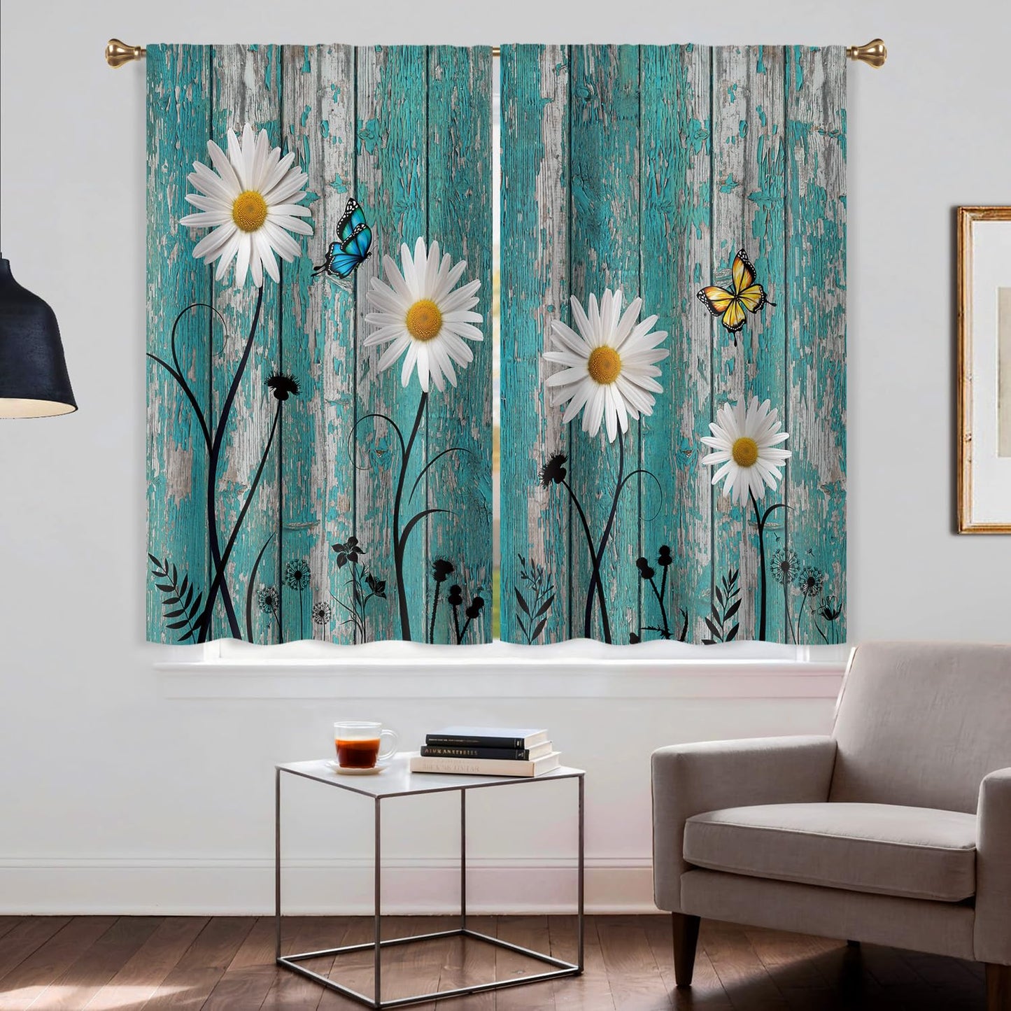 Cizuug Farmhouse Teal Daisy Kitchen Curtains Rustic Wooden Country Small Short Cafe Window Curtains Vintage Flower Floral Rod Pocket Bathroom Drapes Treatment Tier Curtains 2 Panels(27.5x39 Inch)