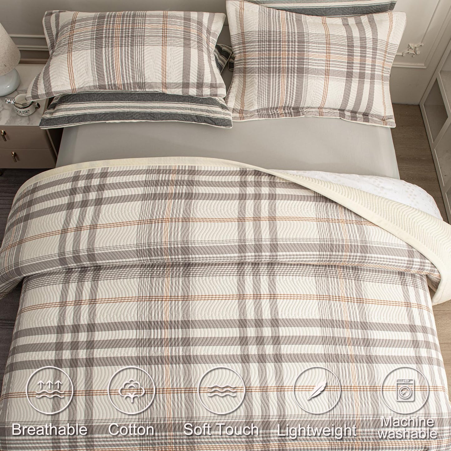 tohrisa Cotton Plaid Quilt Set, Ultra Soft 3 Pieces King Size Bedding with 2 Pillow Shams, Lightweight Reversible Coverlet Bedspread with Wave Quilting for Summer, 108"x96", Grid-Grey White