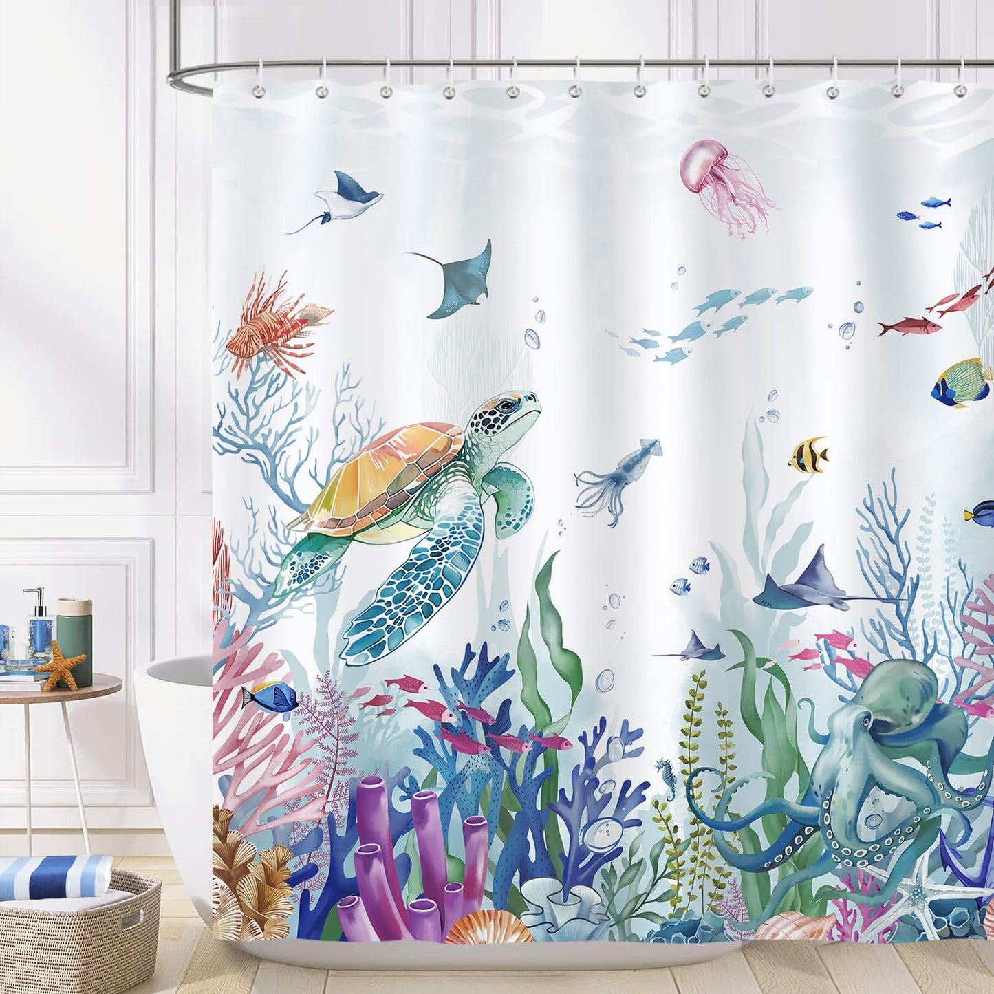 Bonhause Ocean Shower Curtain, Underwater Turtle Fish Coastal Beach Bathroom Decor 72 x 72 Inch Polyester Fabric Waterproof Bath Curtain with 12 Hooks