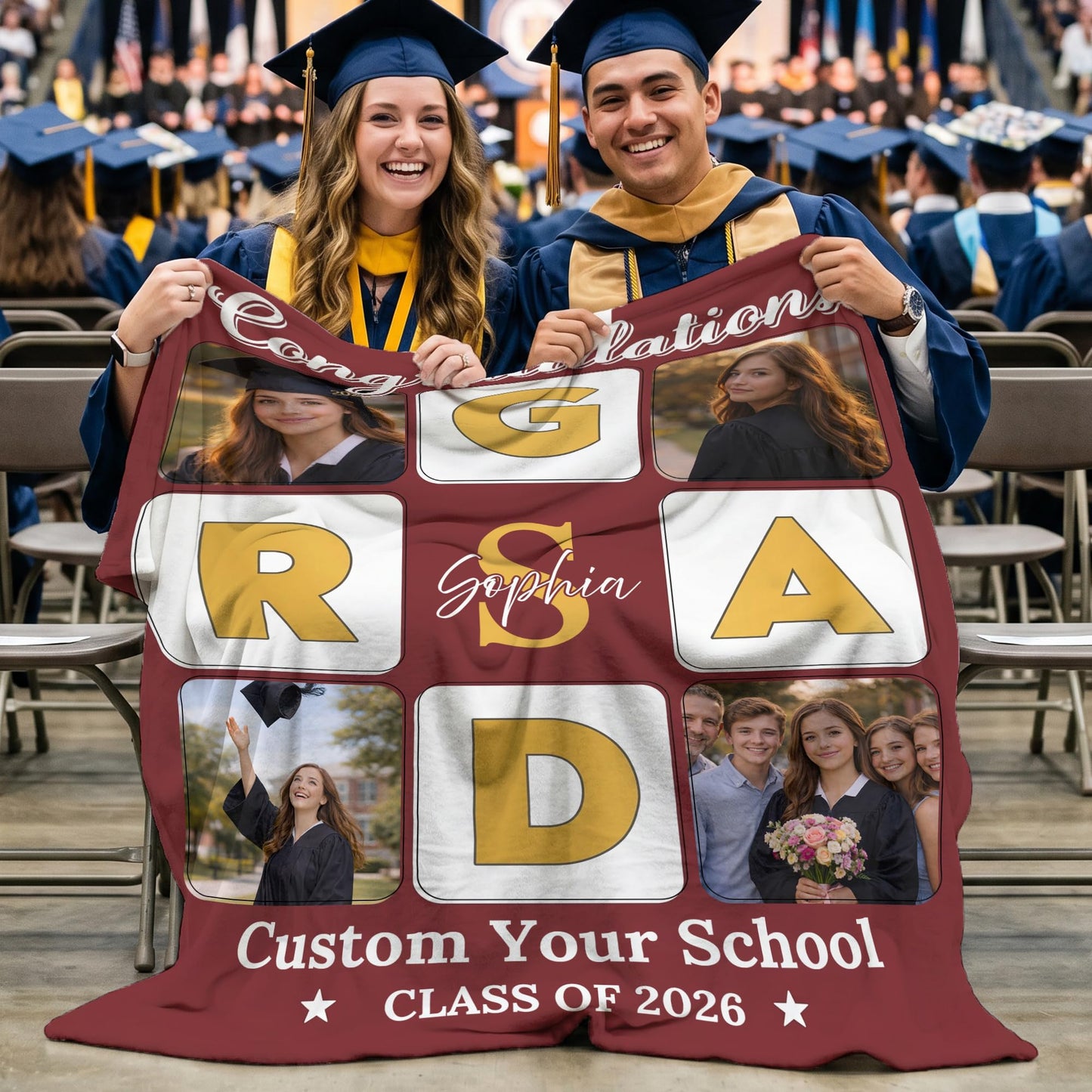 Ipplee Personalized Graduation Blanket with 4 Photos Custom Class of 2026 Flannel Throw Blanket with Name-Grad Photo Collage Blanket, Senior Graduation Gifts for Student Her Him High School College