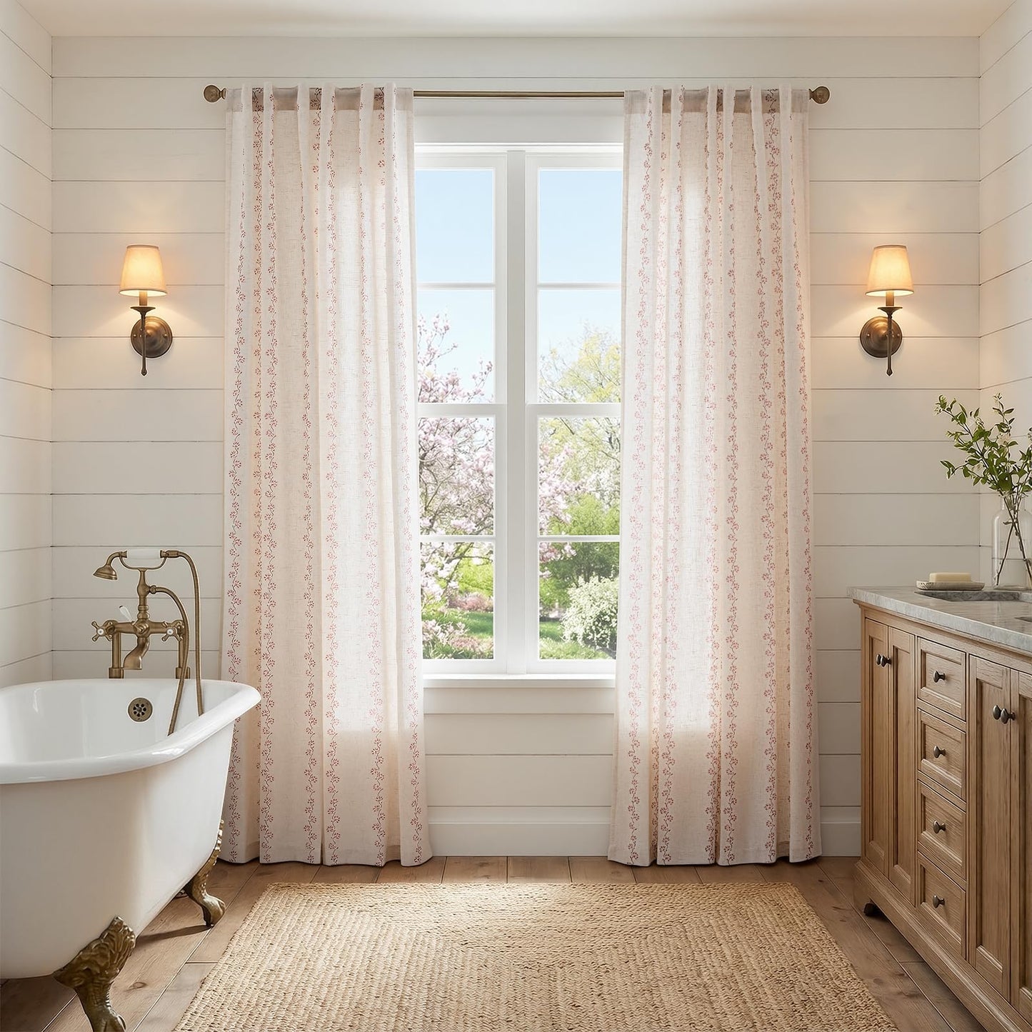 Lazzzy Cathy Linen Floral Curtains for Living Room Terracotta Curtains for Bedroom Farmhouse Drapes 84 Inches Length 2 Panels Back Tab W50 x L84 Terracotta on Linen