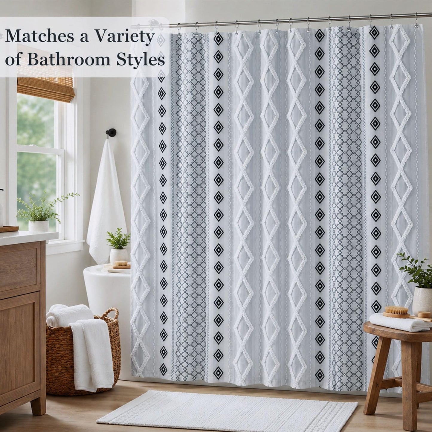 Accnicc Boho Fabric Shower Curtain with Metal Hooks, 3D Tufted Striped Modern Farmhouse Grey White Cloth Shower Curtains for Bathroom, Minimalist Geometric Textured Bath Curtain Decor 72 x 72 Inch
