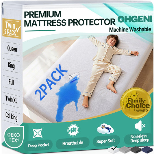 OhGeni 2 Pack Waterproof Mattress Protector, Twin Size Fitted Sheet with Deep Pocket, 6''-16'' Washable Hypoallergenic Mattresses Cover,Noiseless Soft Mattress Pad,Kids' Bedwetting,Pee & Dirt-Proof