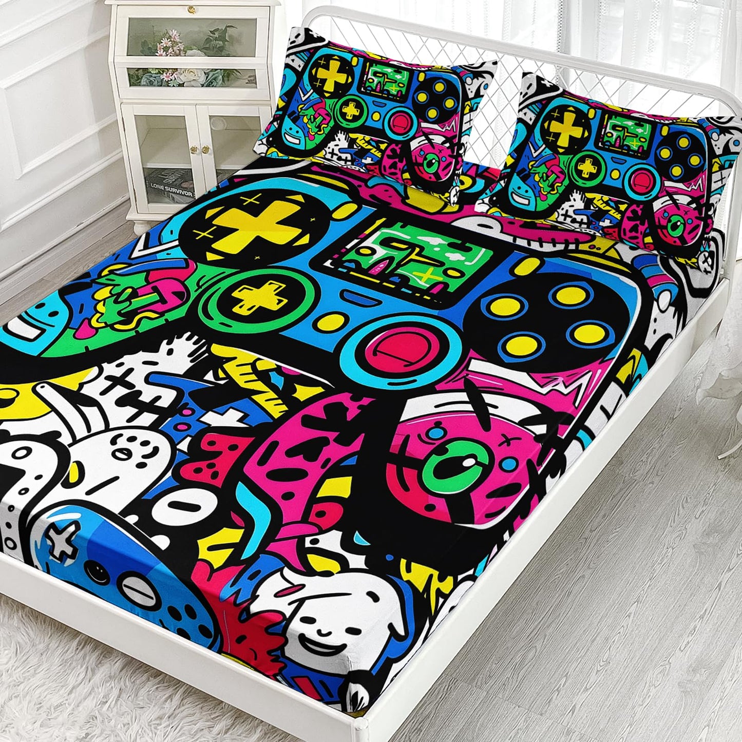 AILONEN Gaming Queen Size Fitted Sheet Set - Graffiti Video Game Controller Bedding Set for Boys Girls - Cartoon Funny Gamepad Deep Pocket Sheets with 2 Pillowcases - 3 Pieces