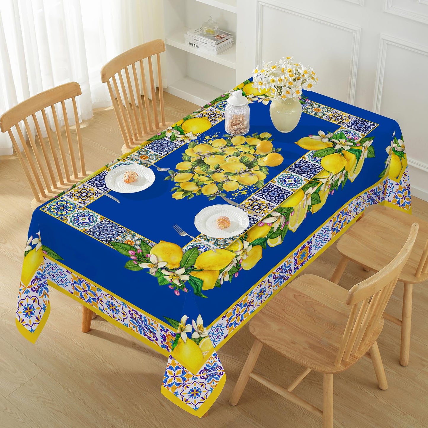 Honellaty Blue Yellow Lemon Vintage Pattern Tablecloth 60" x 84" Rectangle, Summer Table Cloth Spill-Proof Stain Resistant Wrinkle Free Table Cover for Dining, Party, Picnic