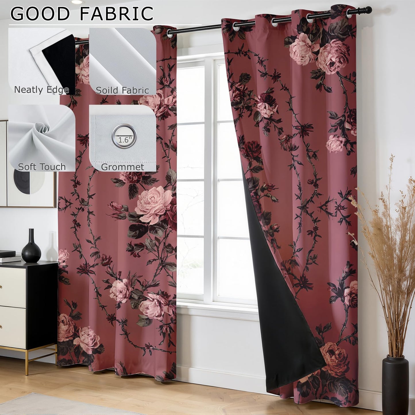 Solvivae Floral Gothic Blackout Curtains for Bedroom Living Room, Vintage Shabby Chic Patterned Window Treatments, Room Darkening Thermal Insulated Grommet Drapes, 45 Inch Curtains 2 Panel Set