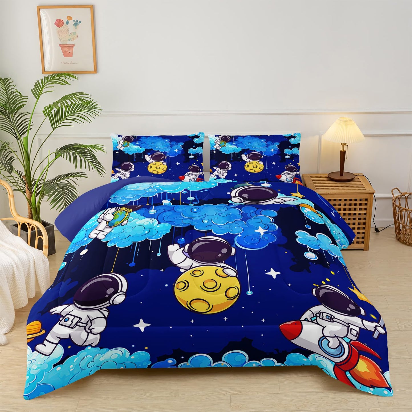 lnEffble Blue Space Galaxy Comforter Set - Twin Size Astronaut Bedding With Space Themed Design, Cute Astronaut Comforter For Boys' Room Decor