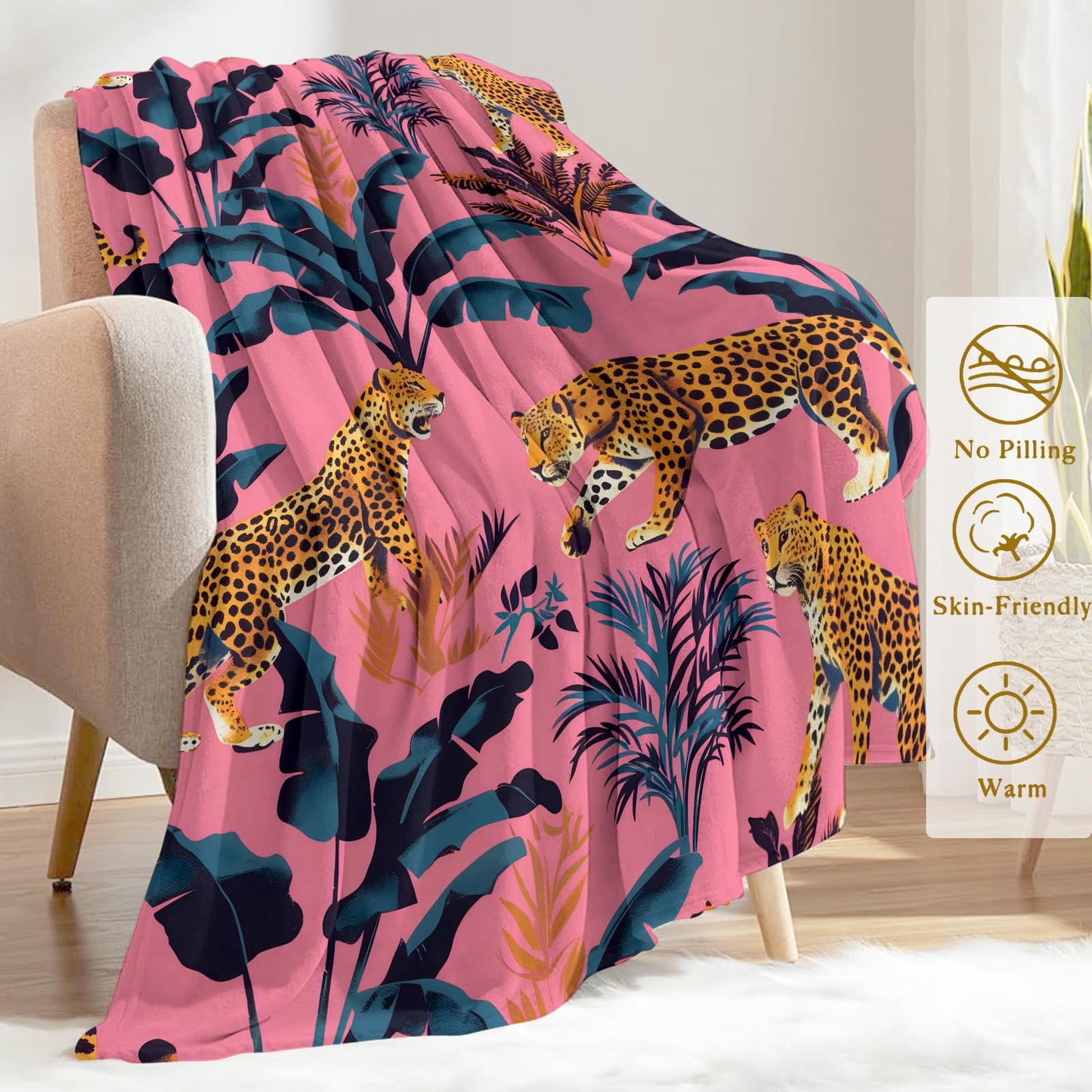 ainori Leopard and Tropical Leaves Flannel Blanket - Lightweight Soft Cozy Unique Gifts Blankets for Jungle Lovers,Kids,Adult,Women,Vibrant Pink Art Throw,Home Room Modern Decor 50x60in