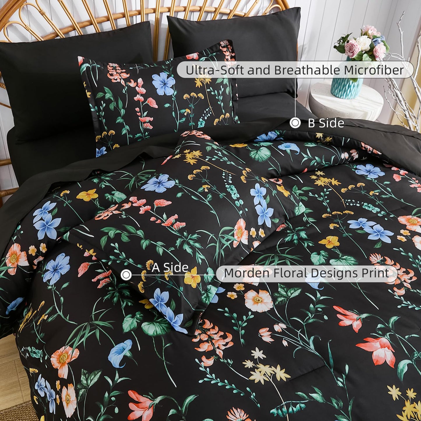 DJY Black Floral Comforter Set King Size,Black Pink Botanical Bedding Comforter Sets,7 Pieces Bed in a Bag Lightweight Microfiber Comforter Set with Sheets Pillowcases & Shams for All Seasons
