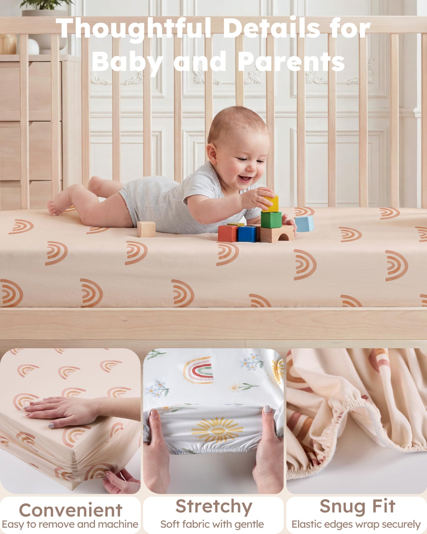 Nyessmee Baby Crib Sheets for Boys and Girls, Fitted Crib Sheets 52" x 28", Soft Breathable Microfiber Sheets for Standard Crib and Toddler Mattress, 2-Pack Orange Rainbow