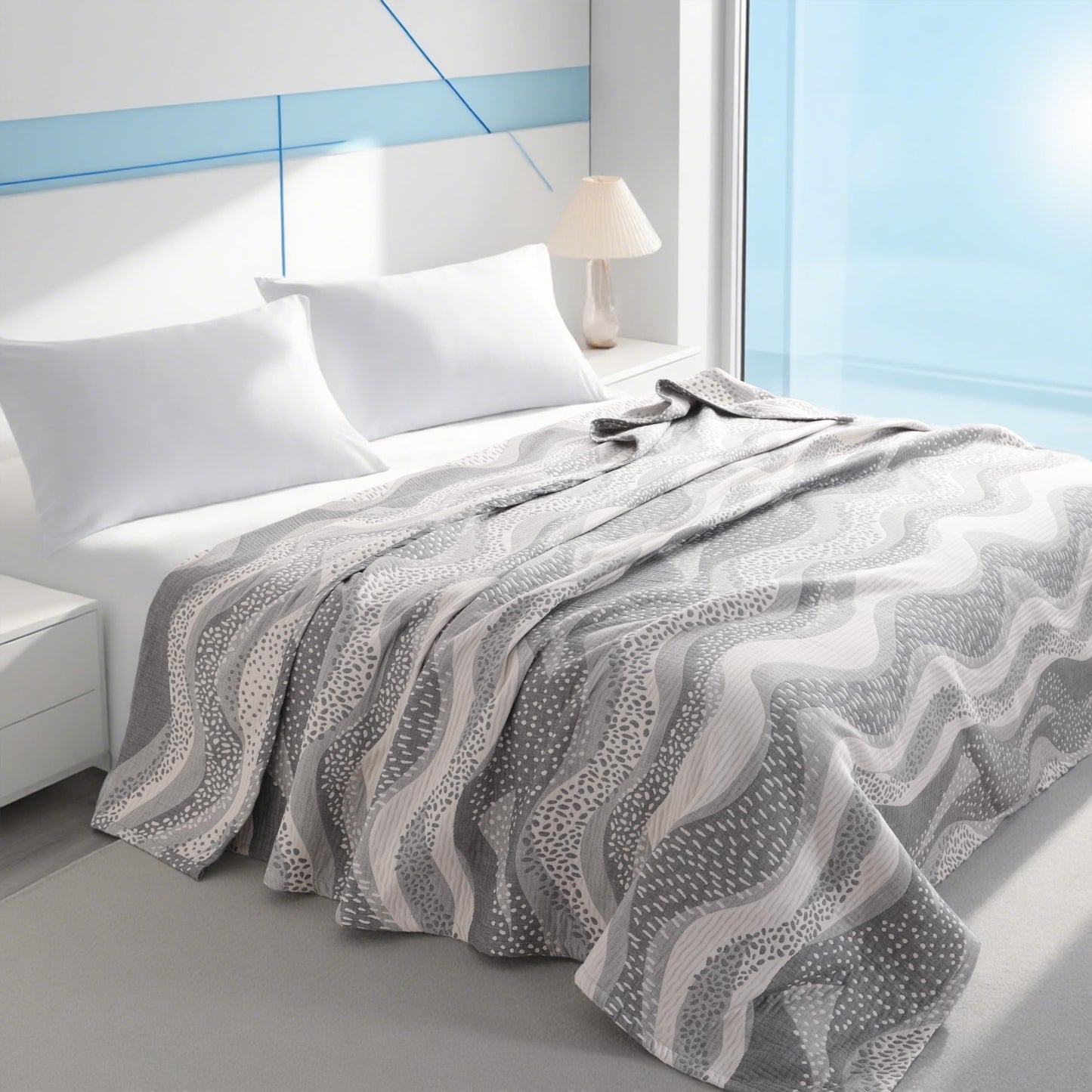 NTBAY 3 Layers Cotton Muslin 106x92 King Bed Blanket, Super Soft Breathable Thermal Yarn Dyed Quilt for Adults, Perfect Lightweight Blanket for Couch Sofa Bed All Seasons, Grey Wheat Waves