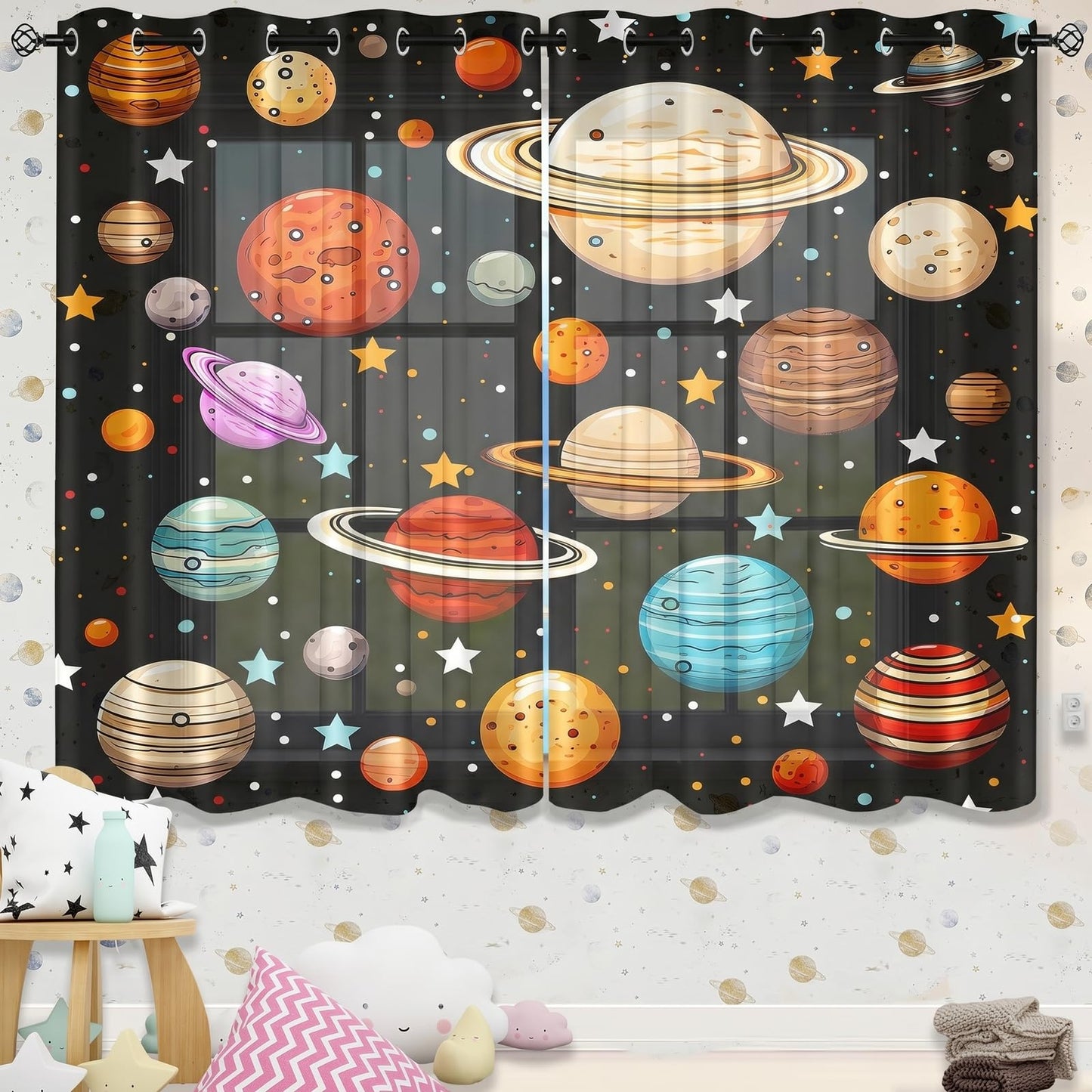 ANGELWARDROBE Galaxy Planet Curtains for Boys Girls Room Decor, Cartoon Universe Planets 50% Blackout Window Curtains, Starry Sky Galaxy Room Darkening Drapes for Bedroom, 2 Panels, 42" W x 63" L