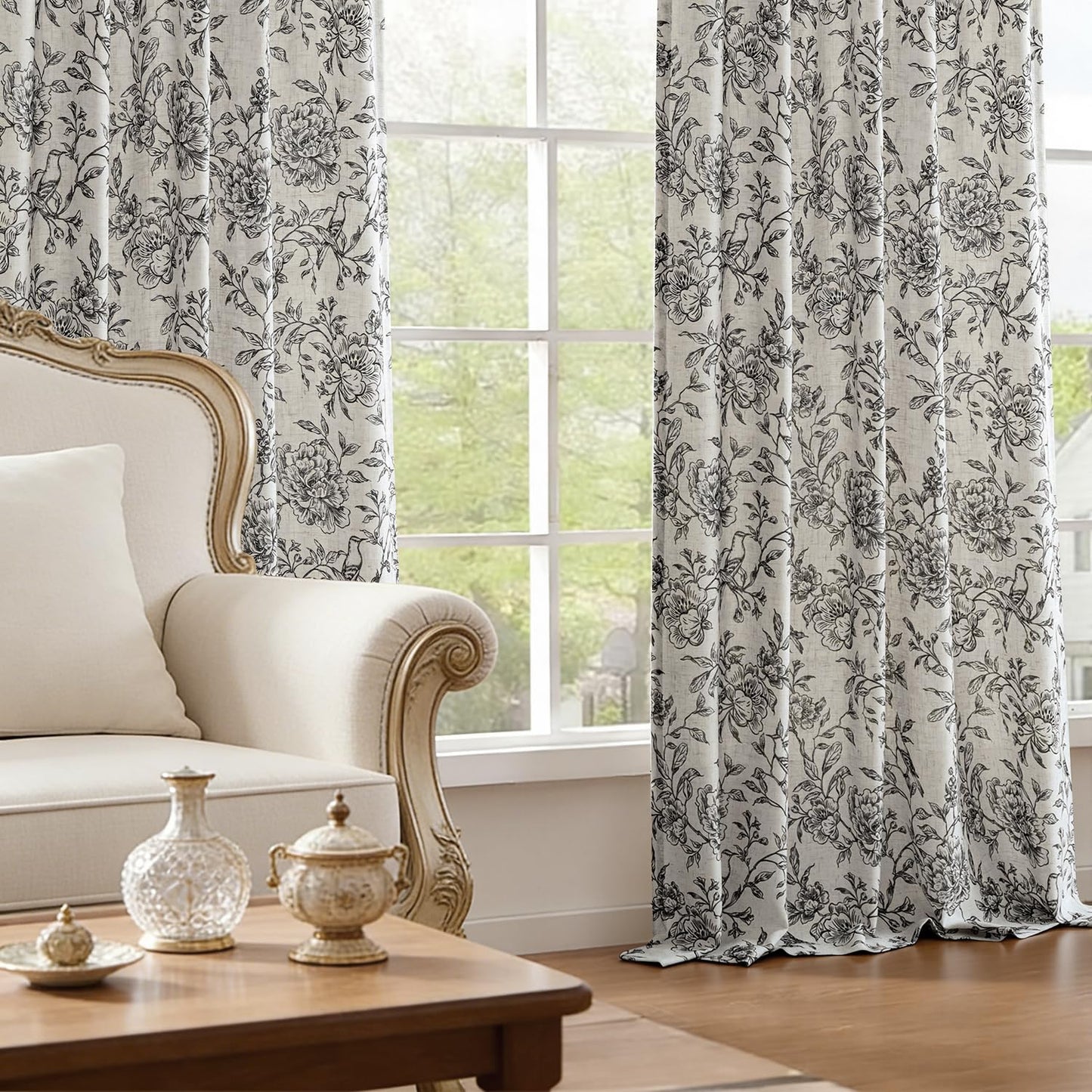 VISIONTEX Floral Farmhouse Curtains 84 Inch Length, Black Peony Printed Linen Blend Drapes, Back Tab & Rod Pocket Light Filtering Window Curtains for Living Room Bedroom, Set of 2 Panels