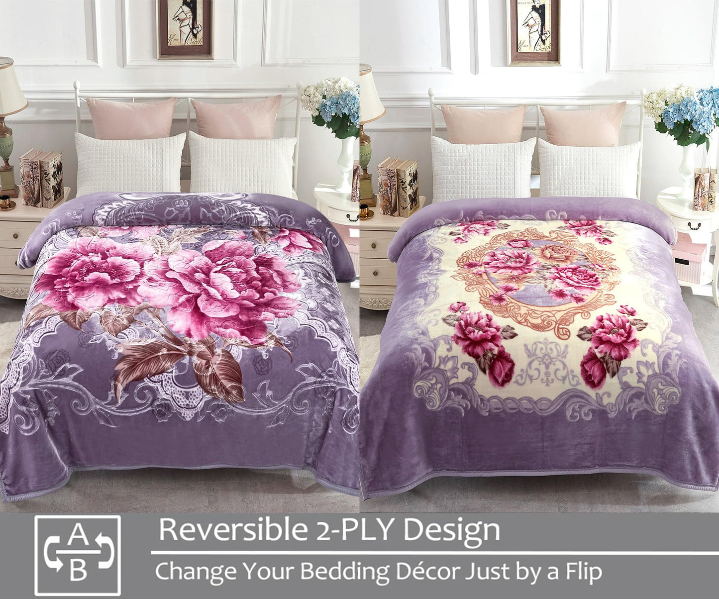 JYK Queen Size Korean Mink Blanket, 5 LB Fleece Bed Blanket - 2 Ply Reversible 520GSM Silky Soft Plush Warm Blanket for Autumn Winter, A&B Pattern Printed, (Queen 75"x87", Light Purple Peony/Peony)
