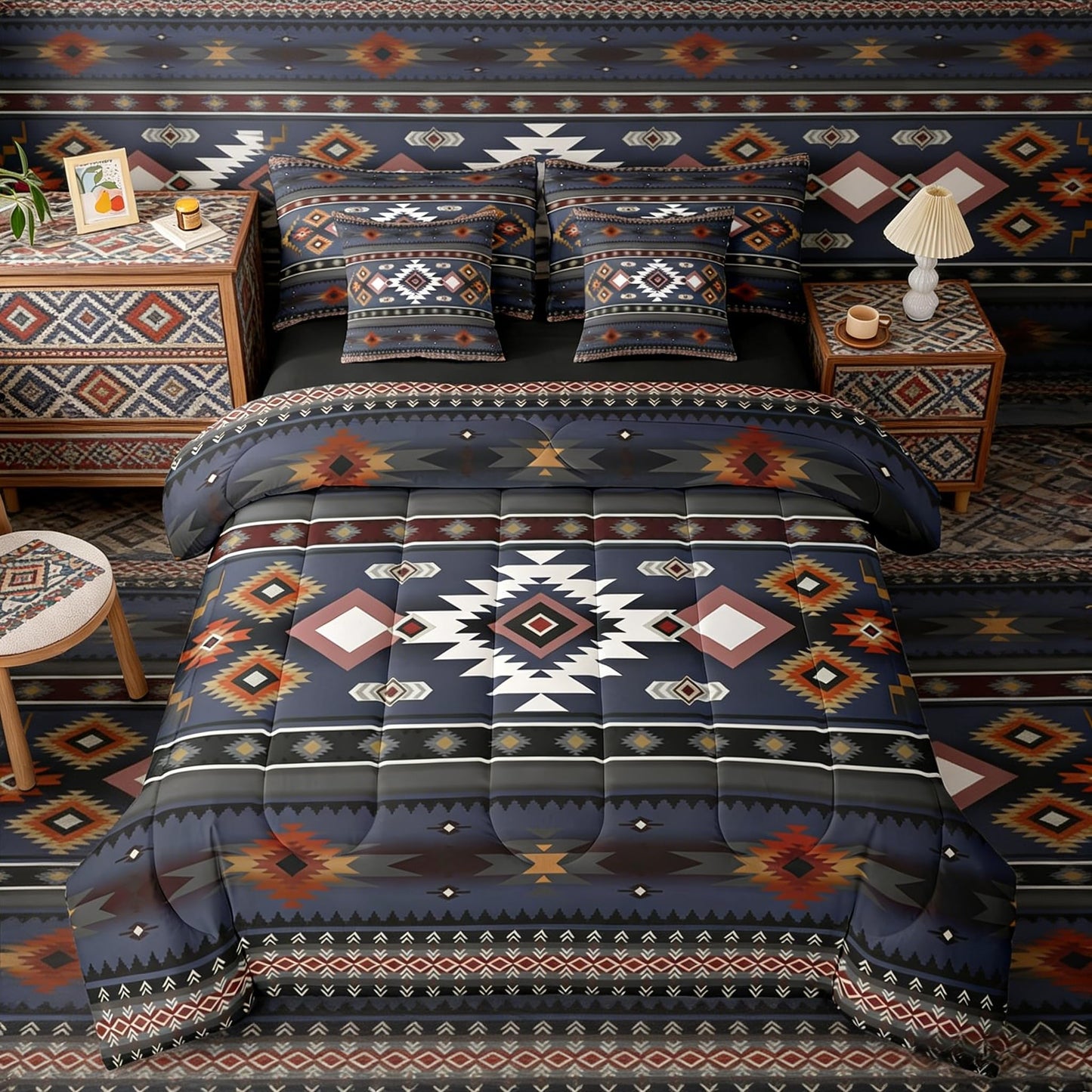 Erosebridal Black Red Grey Aztec Farmhouse Full Comforter Set 7 Pieces | Southwestern Bohemian Bed in A Bag for Bedroom Cowboy Tribal Bedding Set with Comforters Cowgirl Adults Room Decor