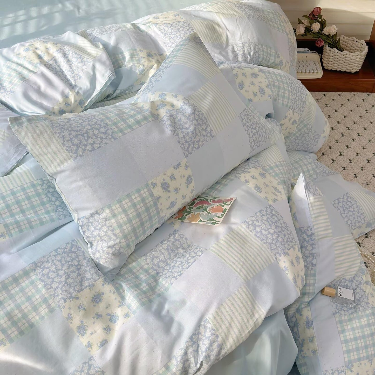 BuLuTu Luxury Muslin Cotton Duvet Cover Set Queen Size, Light Blue Striped Floral Duvet Covers Breathable Comfy Bedding Comforter Cover for Summer, Zipper Closure, Machine Wash