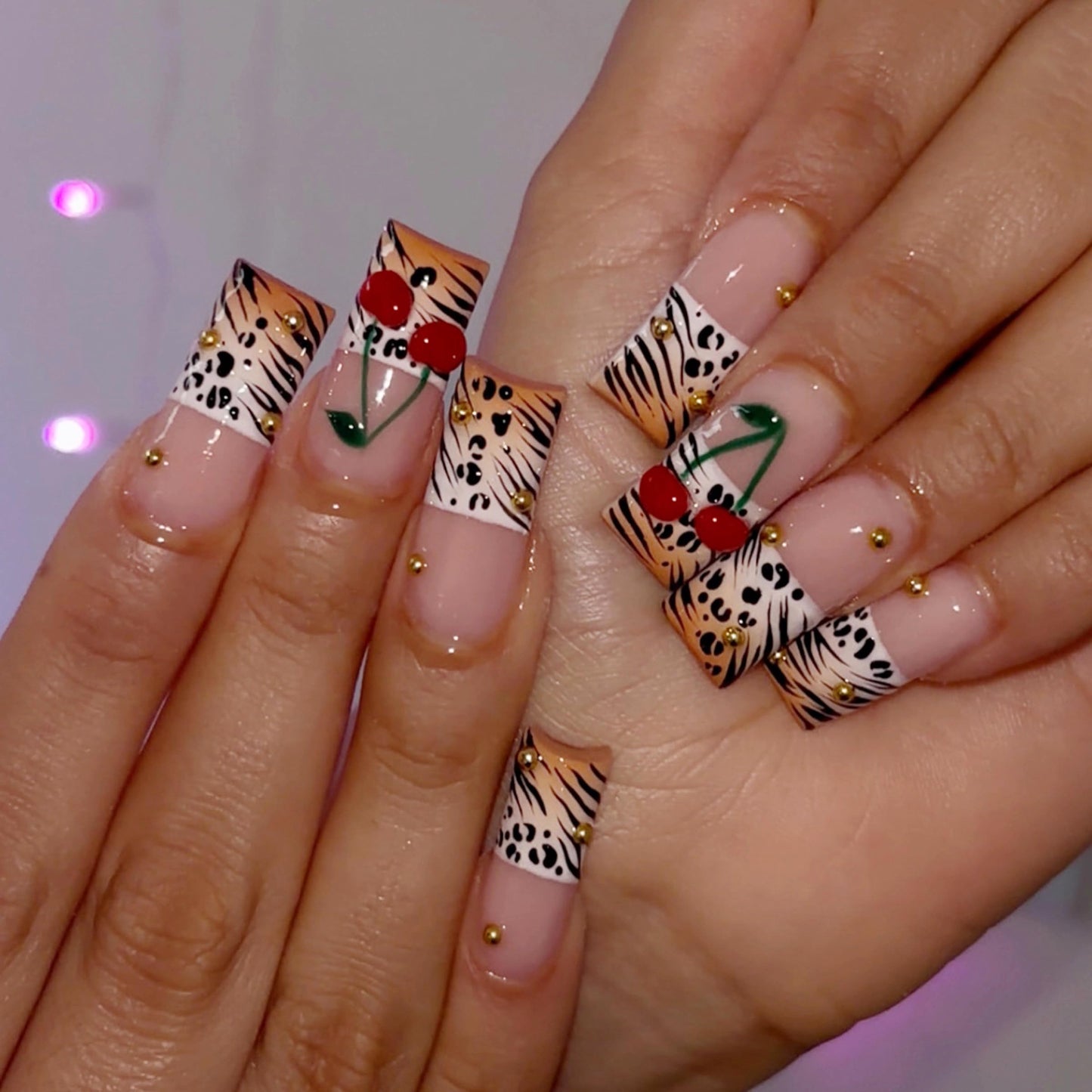 MERVF Press on Nails Long Square, White French Tip Fake Nails Leopard Print 3D Cherry Design Glue ons Orange Ombre Acrylic Nail Glossy 24pcs