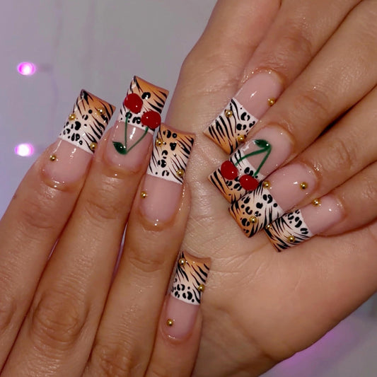 MERVF Press on Nails Long Square, White French Tip Fake Nails Leopard Print 3D Cherry Design Glue ons Orange Ombre Acrylic Nail Glossy 24pcs